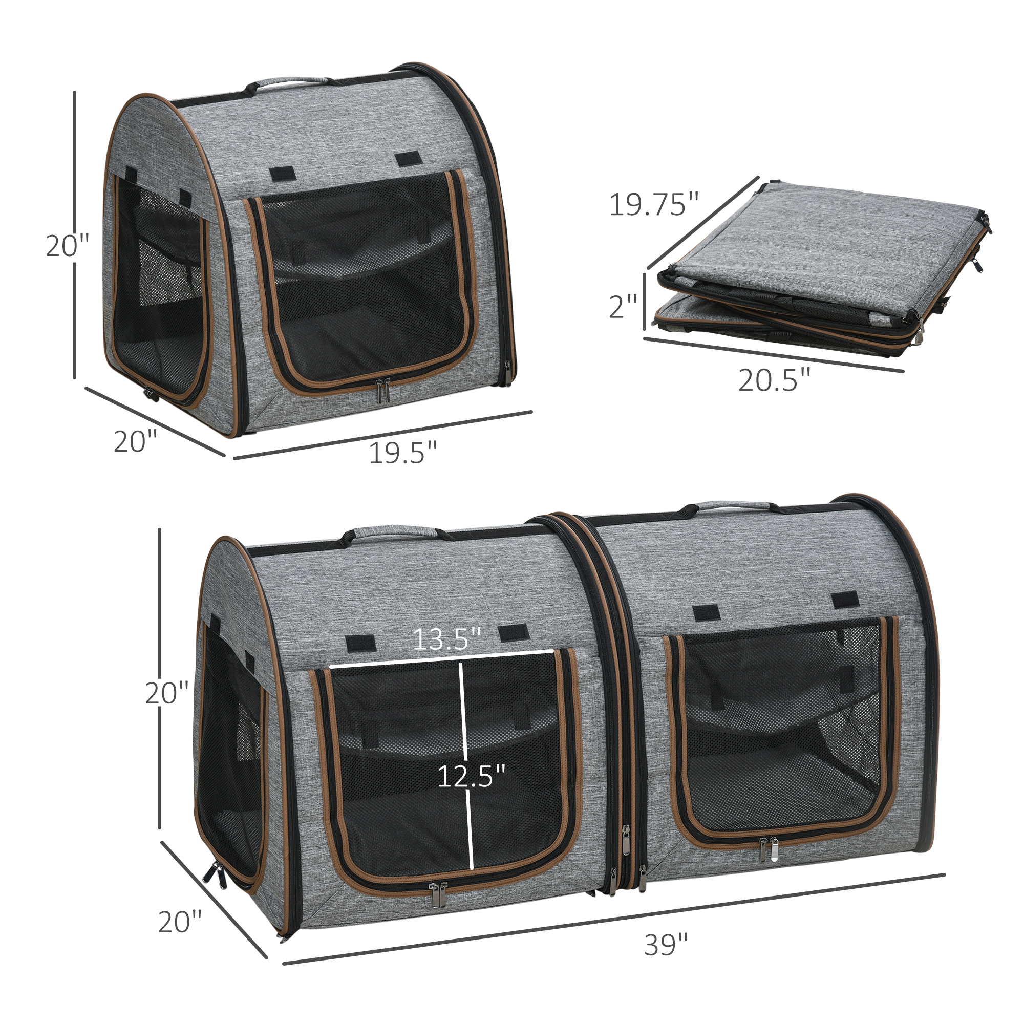 Portátil Transporte de Mascotas para Gatos con Divisor, Dos Compartimentos, Revestimiento y Bolsa de Almacenamiento, Gris — imagen 3