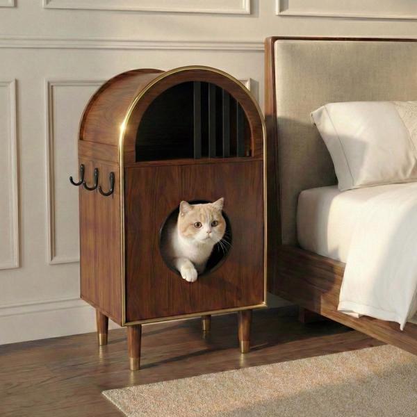 Caja de Arena para Gatos, Conexión 2 en 1: Casa y Cama para Dos Gatos con Refugio Cozino en Niveles, Decoración Moderna para Dormir con Acabado Espresso — imagen 4