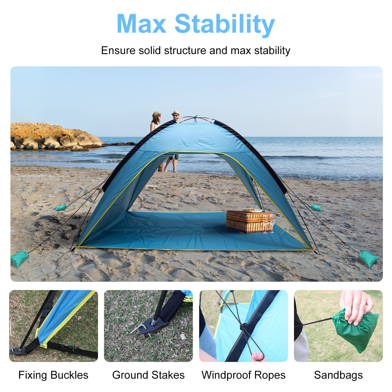 Toldo de Playa para 4-6 Personas con 3 Aberturas de Puerta, Bolsa de Transporte, UPF50, Impermeable, para Playa, Picnic, Campamento, Senderismo, Aventura y Pesca — imagen 2