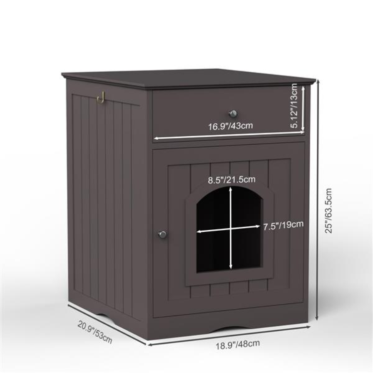 Wooden Pet House Cat Litter Box Enclosure With Drawer, Side Table, Indoor Pet Crate, Cat Home Nightstand Brown — imagen 8