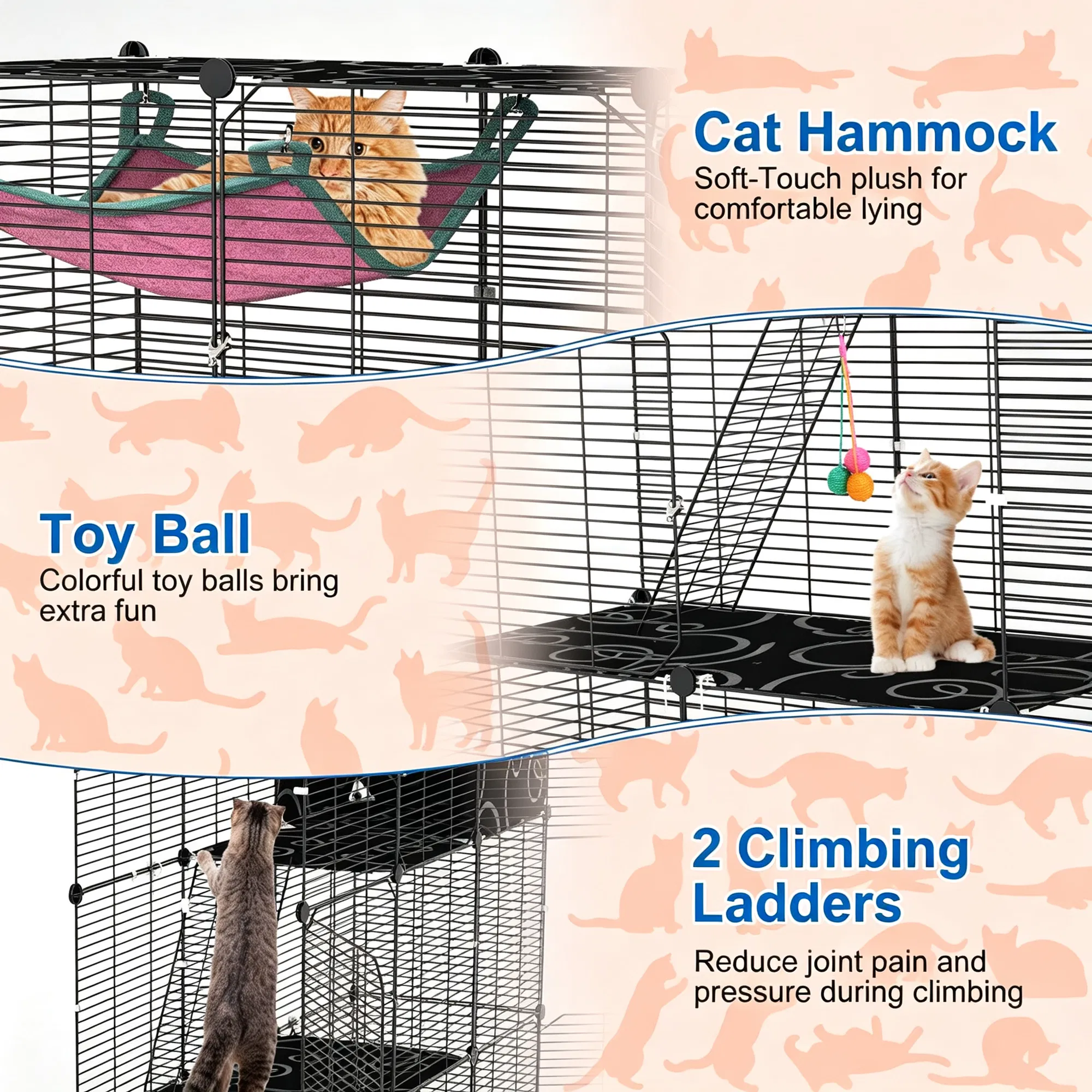 3-Level Metal Cat Cage Enclosure, Modular Pet Habitat with 3 Doors, 2 Ladders, Plush Hammock and Toy Ball for Small Indoor Animals — image 9