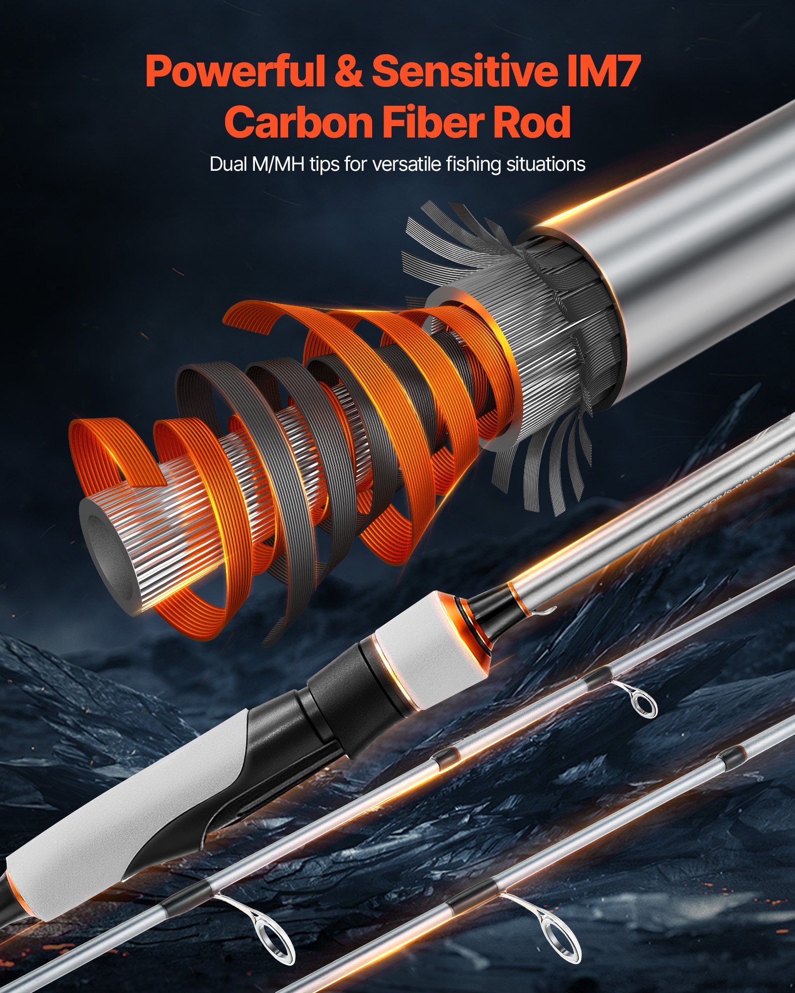 Rod And Fishing Reel Combo, IM7 Carbon Fiber Spinning Rod And Reel Combo, Bass Fishing Pole With 7 Ft Two-Piece Rods, 7+1 Ball Bearings, EVA Handle, Stainless Steel Guides With Ceramic Rings — imagen 4