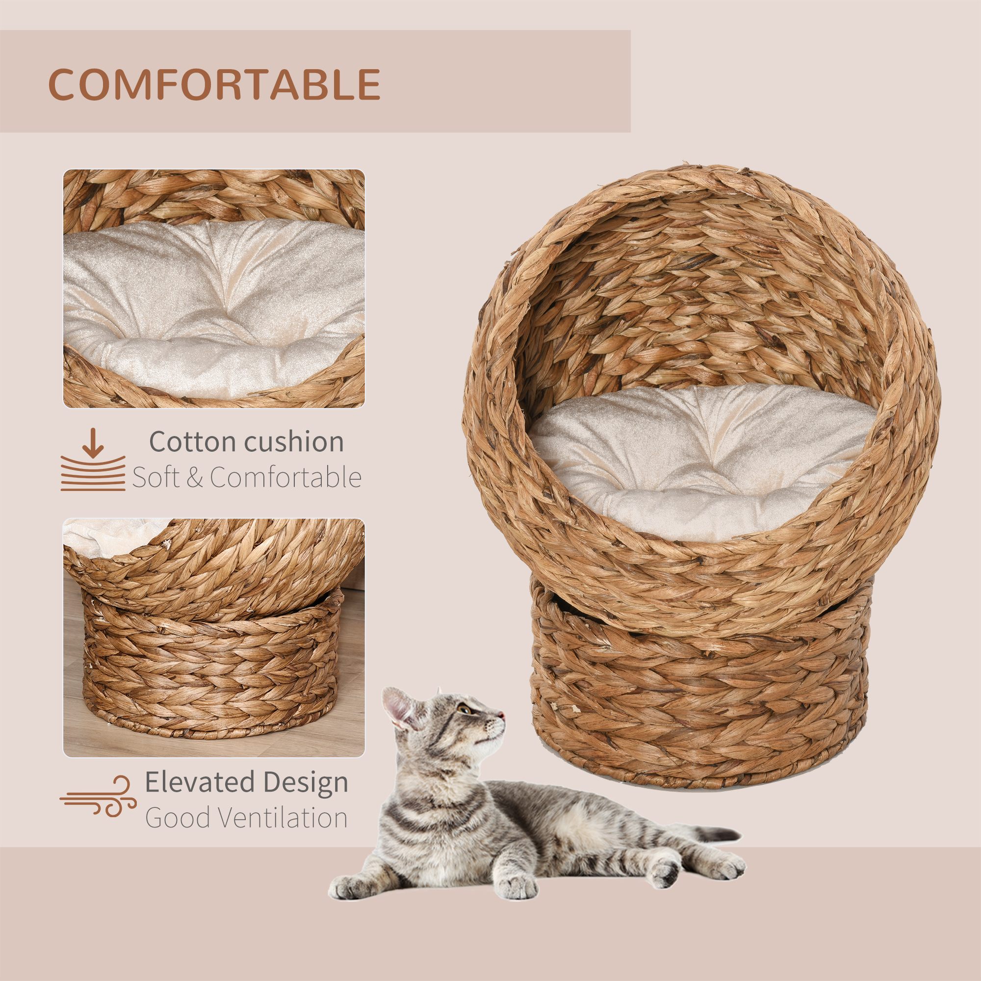 Cama para Gatos tejida a mano con forma de silla de huevo y cesta, casa elevada para gatos domésticos con base, 23.5" de alto, marrón claro — imagen 7