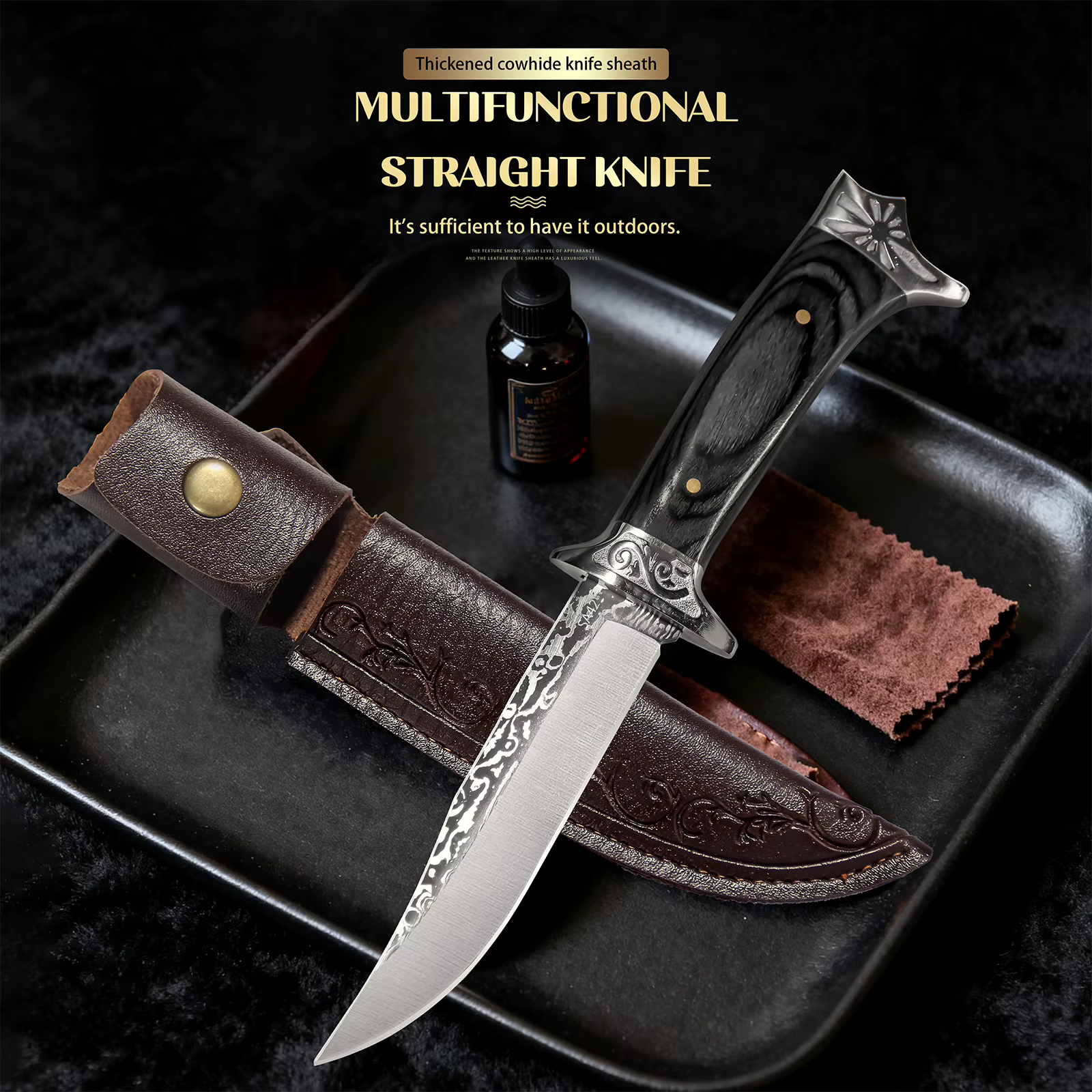 Fixed Blade Hunting Knife with Leather Sheath Wood Handle Outdoor Camping Utility Knife Bowie Style Gift for Men — image 5