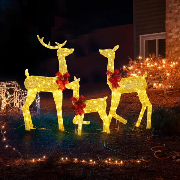 Set de 3 Piezas de Renos Navideños Iluminados para Decoración Exterior, Familia de Ciervos 2D Resistente a la Intemperie, Decoración Navideña con 200 Luces LED Blancas Cálidas Preinstaladas y Estacas, Dorado — imagen 5