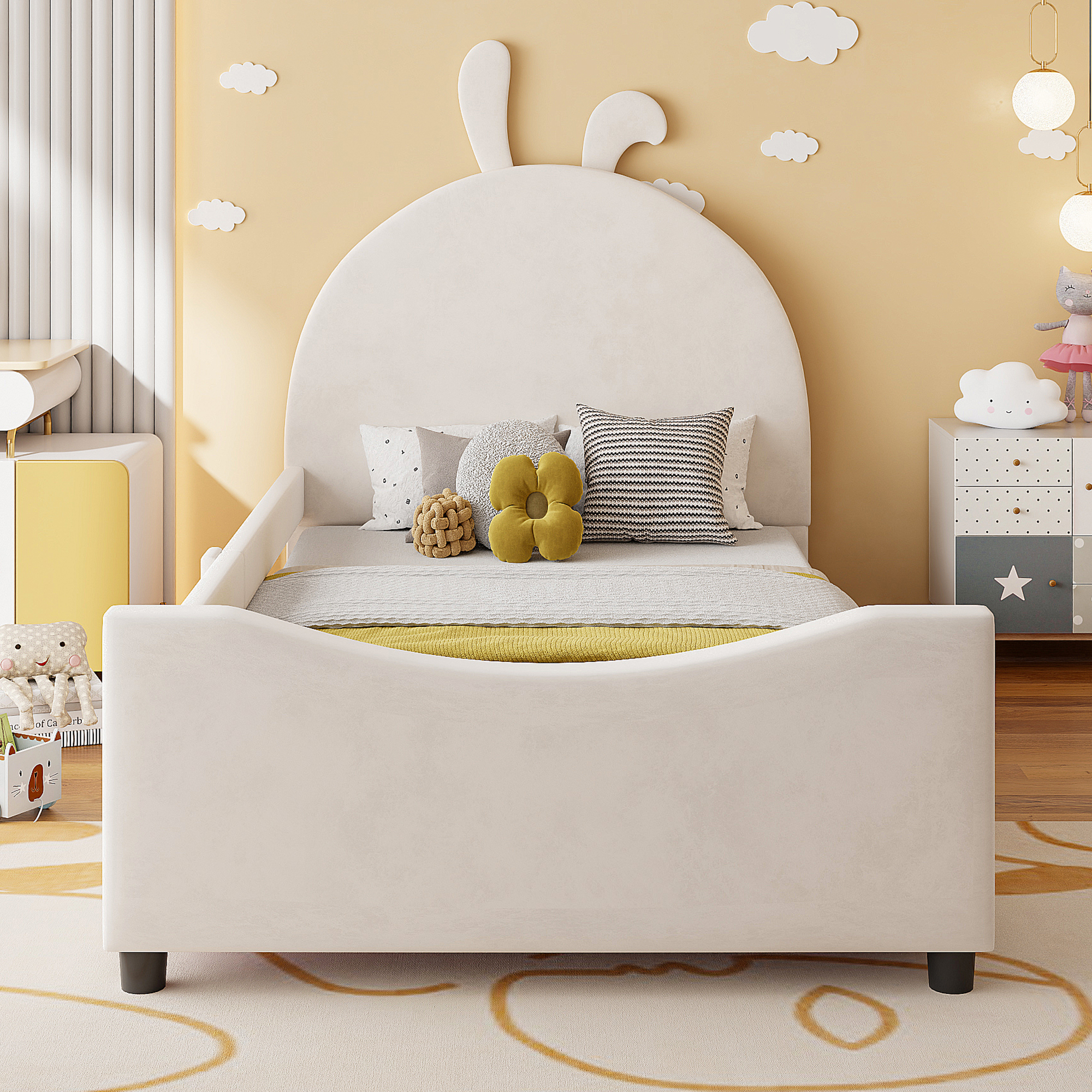 Cama de Twin con Armazón de Pared de Conejo y Cabecera Beige — imagen 5