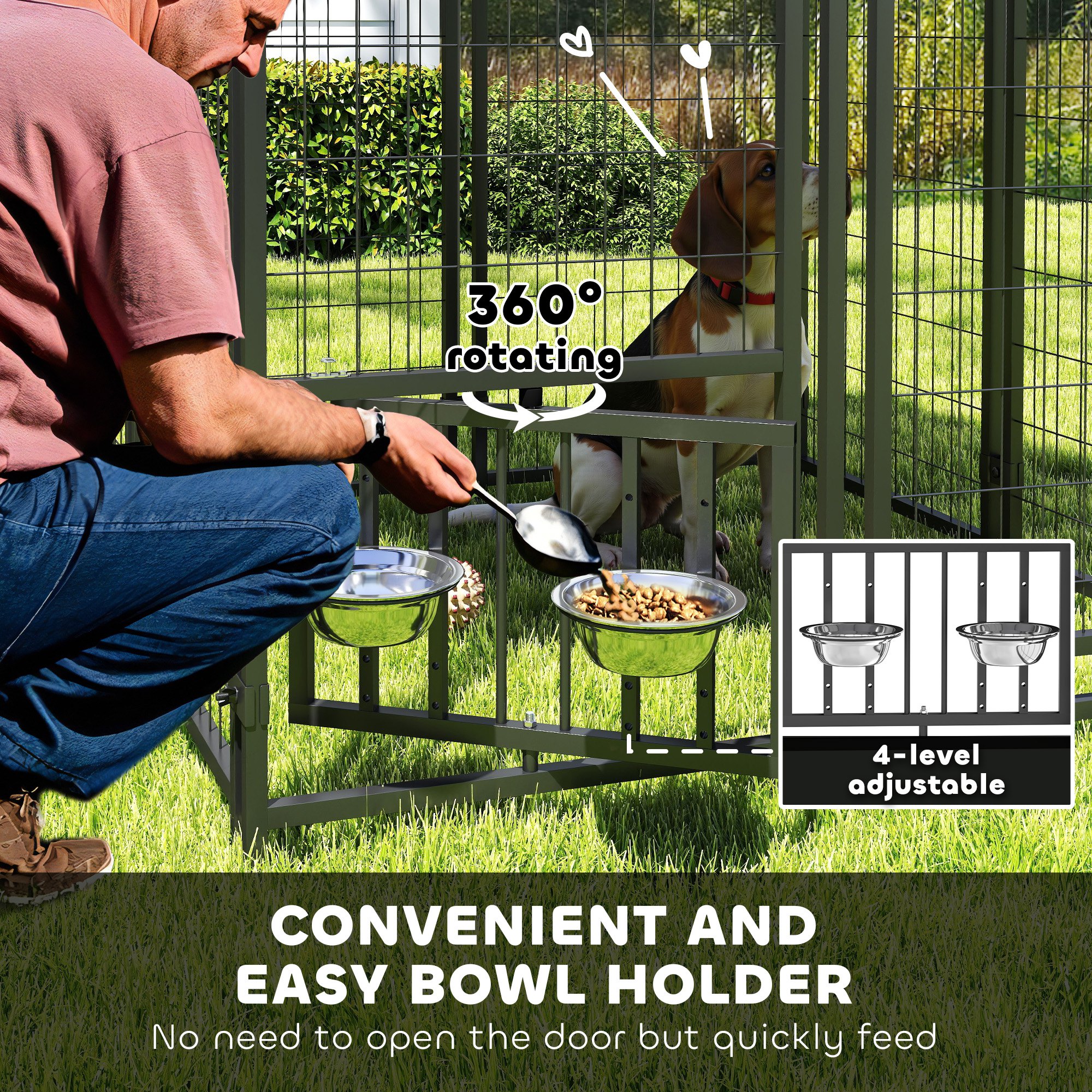 Welded Wire Outdoor Dog Kennel With 360 Rotating & 4 Levels Adjustable Bowls, Waterproof Cover, 3.9 X 3.9 X 4.5 — image 4