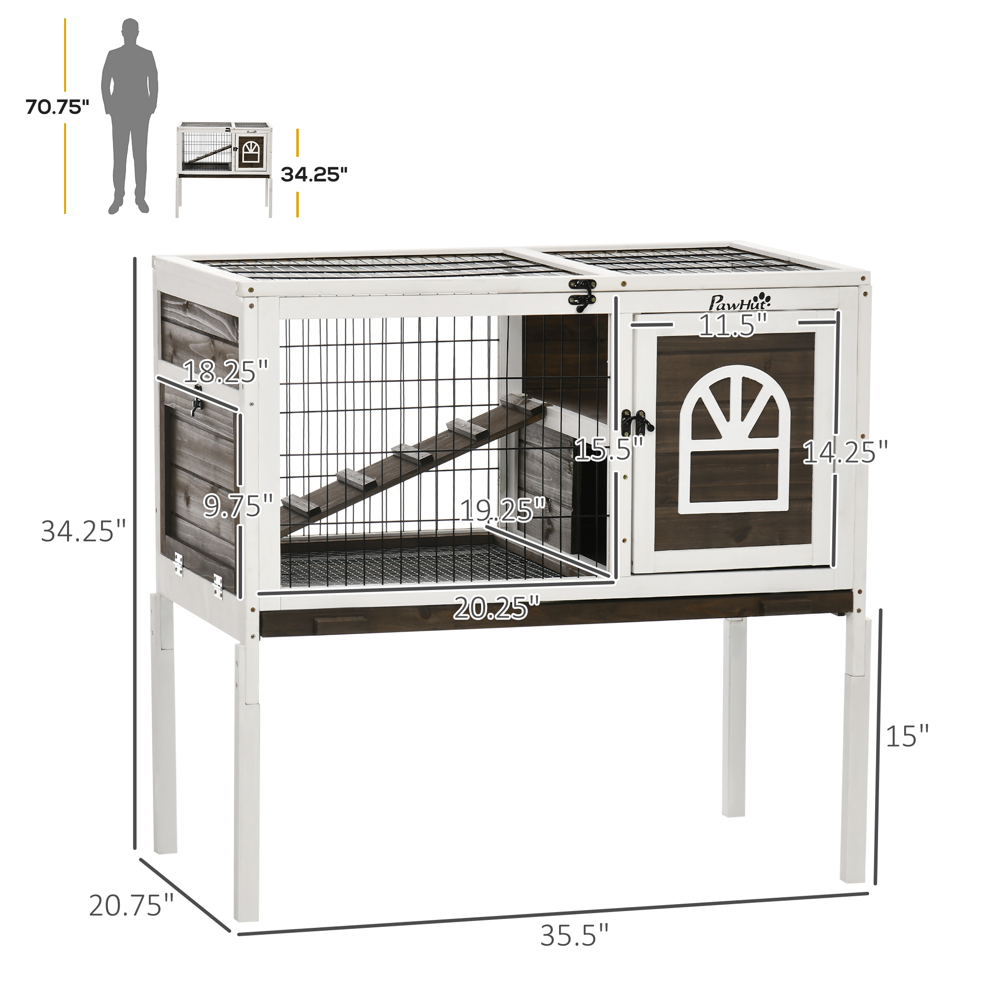 Casa para Conejos de Madera, Jaula Elevada para Pichones con Corral Café — imagen 7