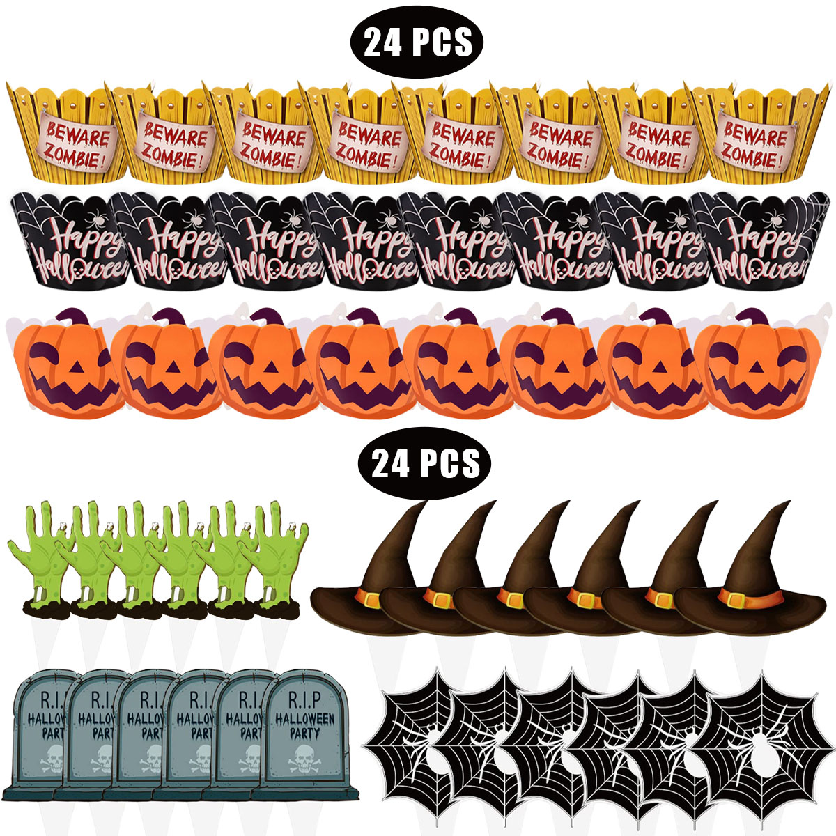 Set de 48 Piezas Decoración de Cupcakes de Halloween, Diseño de Mano de Zombi, Sombrero de Bruja, Telaraña y Lápidas, 3 Estilos de Picks y Envolturas Feliz Halloween — imagen 1