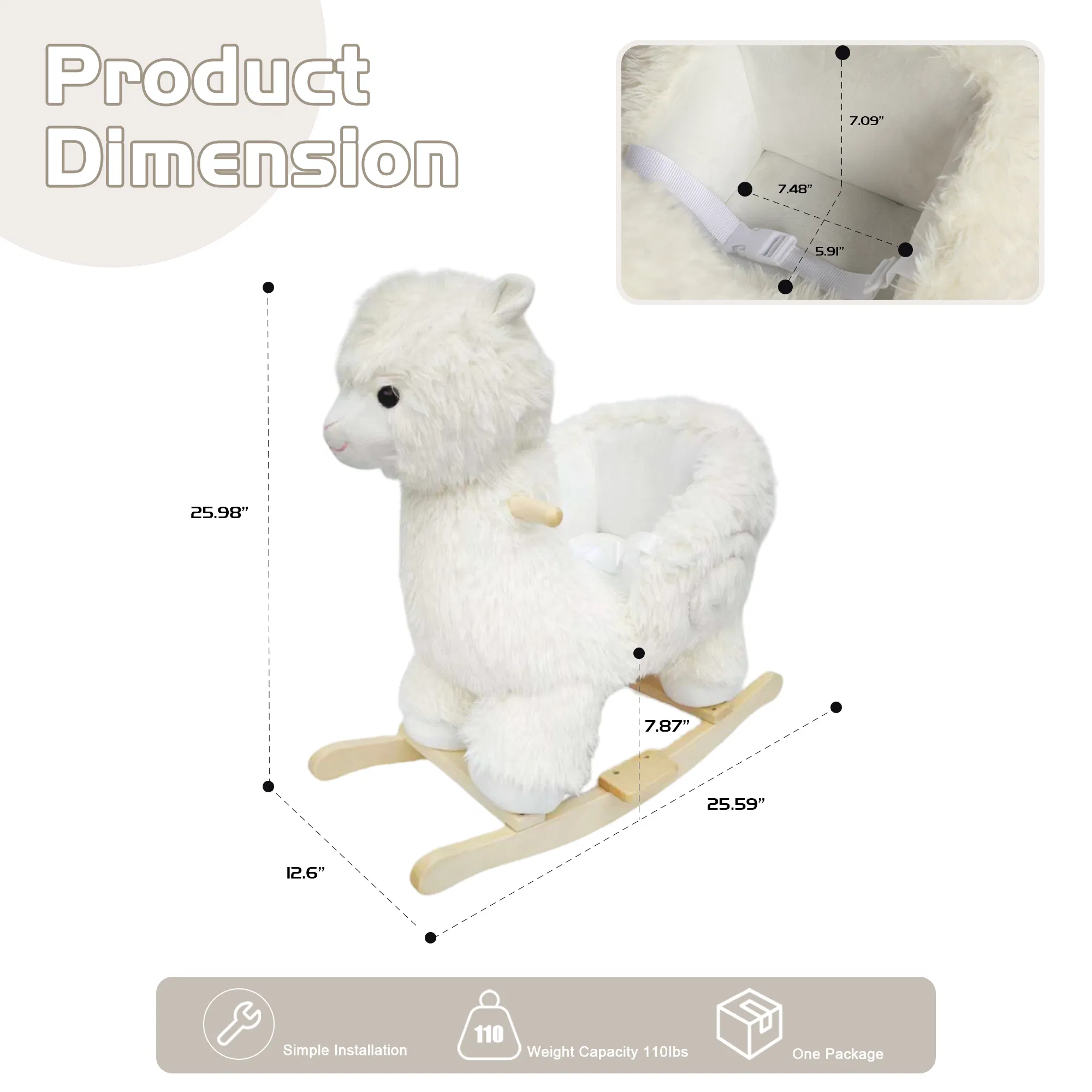 Kids Ride-On Rocking Horse Toy with Lullaby Song, Alpaca Rocking Toy with Hand Puppets and Safety Belt For Children 1-3 Years, Soft Plush Fabric, White, CPC Certified — image 4