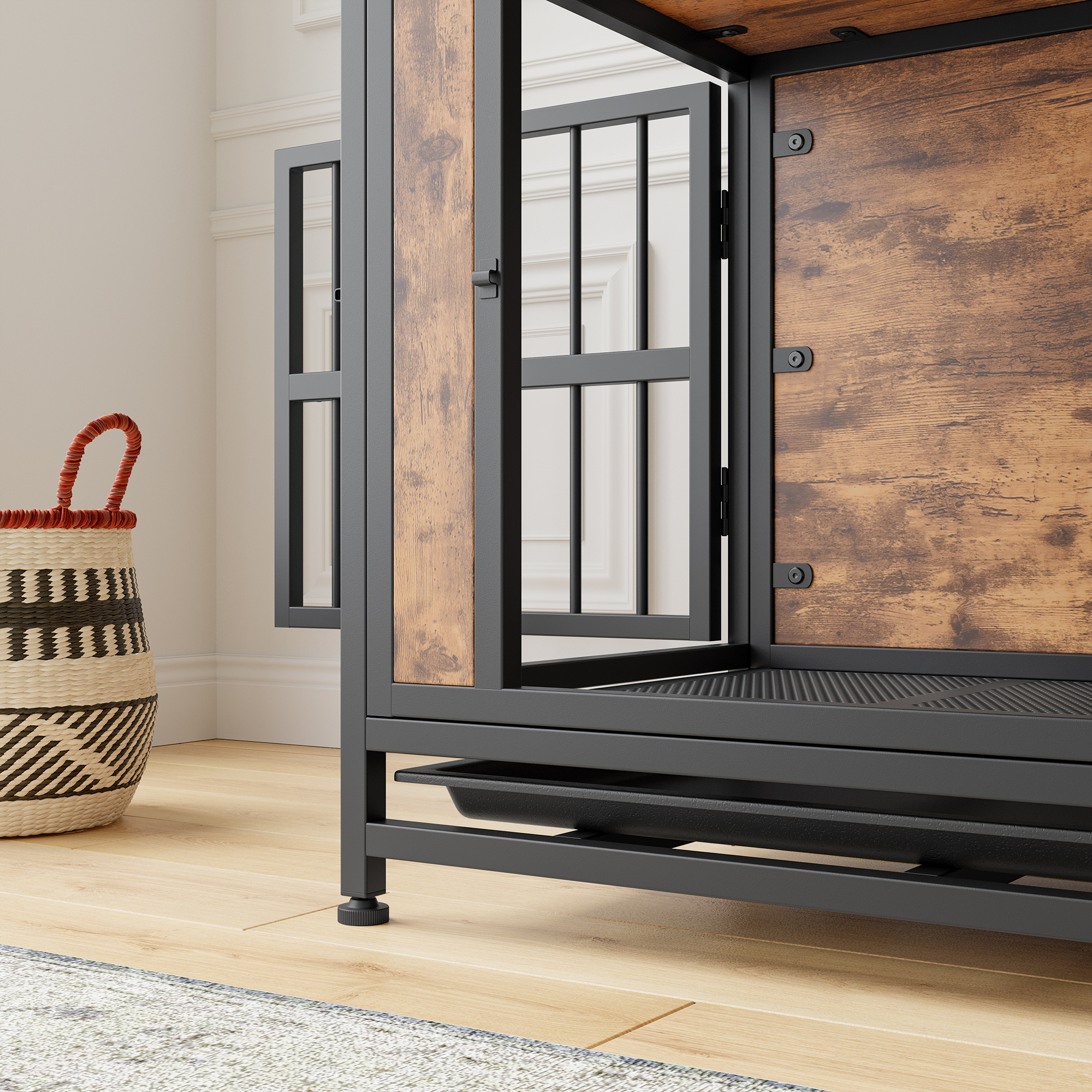 Mueble para Perro, Caja de Madera para Perros con 2 Puertas Deslizantes y Estructura de Puerta de Hierro Espesa, Casa Decorativa para Pequeños Perros para Uso Interior (Marrón Rustico) — imagen 11
