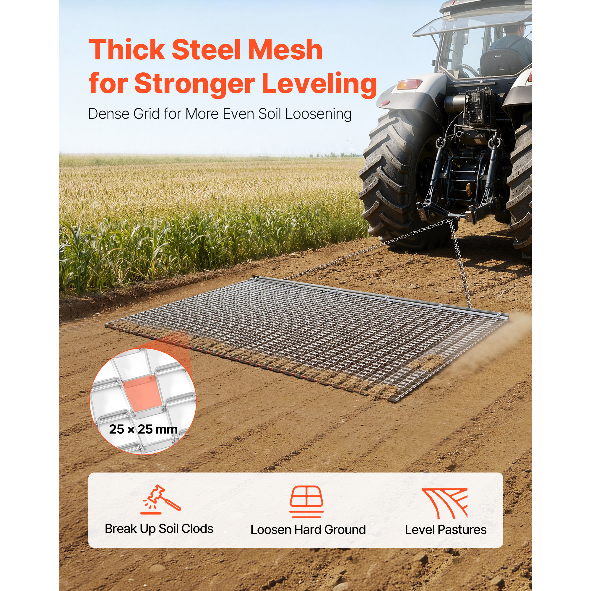 Drag Harrow, 6 X 3 Ft, High-Efficiency Chain Harrow Rake, ATVs UTVs Tractors Attachments, Durable Galvanized Steel Mesh Drag Mat With Towing Chain, For Gravel Driveway Ruts Farm Field Leveling — imagen 3