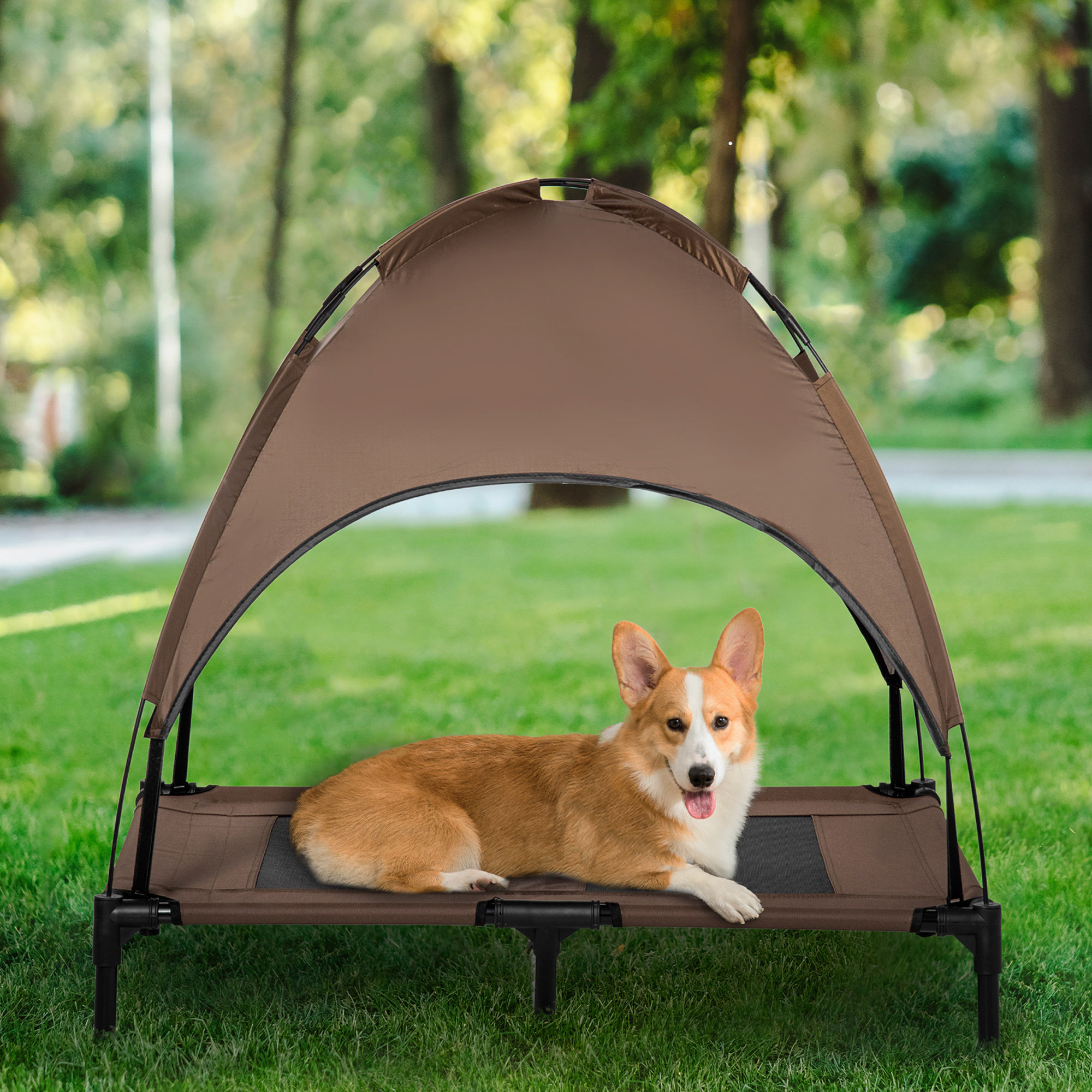 Cama Elevada Portátil para Perros con Techo de Protección UV, 36 pulgadas, Café — imagen 1