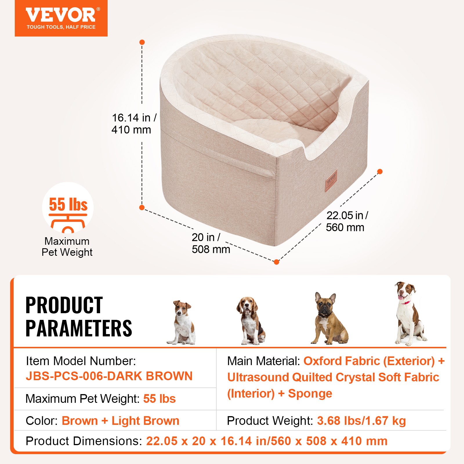 VEVOR Dog Booster Car Seat Pet Car Seat For Small Medium Dog Up To 55 Lbs Brown — imagen 5