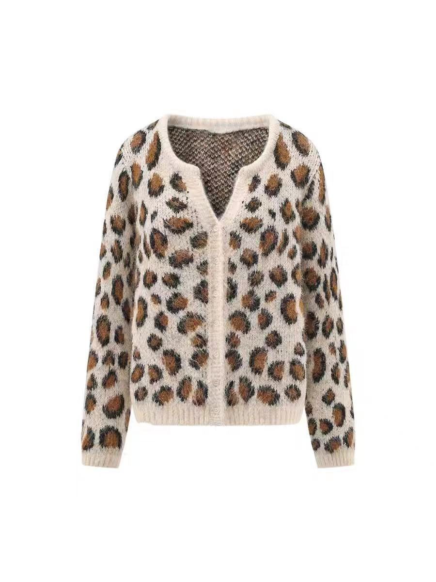 Laid-back Leopard Print Melange Cardigan Sweater, Retro Short Slim Fit Outerwear — image 9