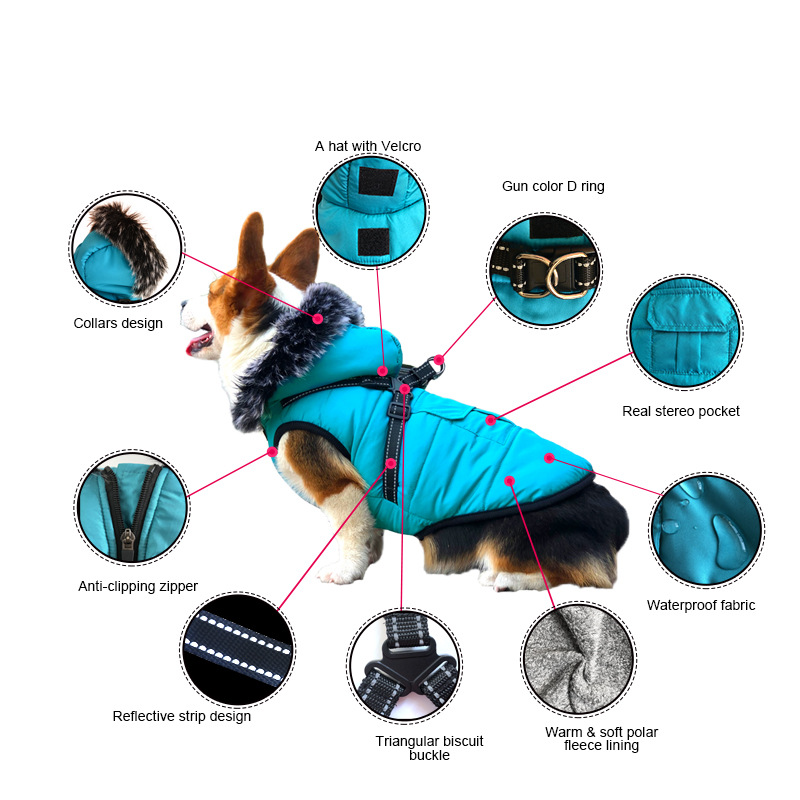 New Pet Cotton Clothes Reflective Warmth Dog Clothes Winter Wool Collar Plus Cotton Pet Clothing Cotton Vest Coat — image 2