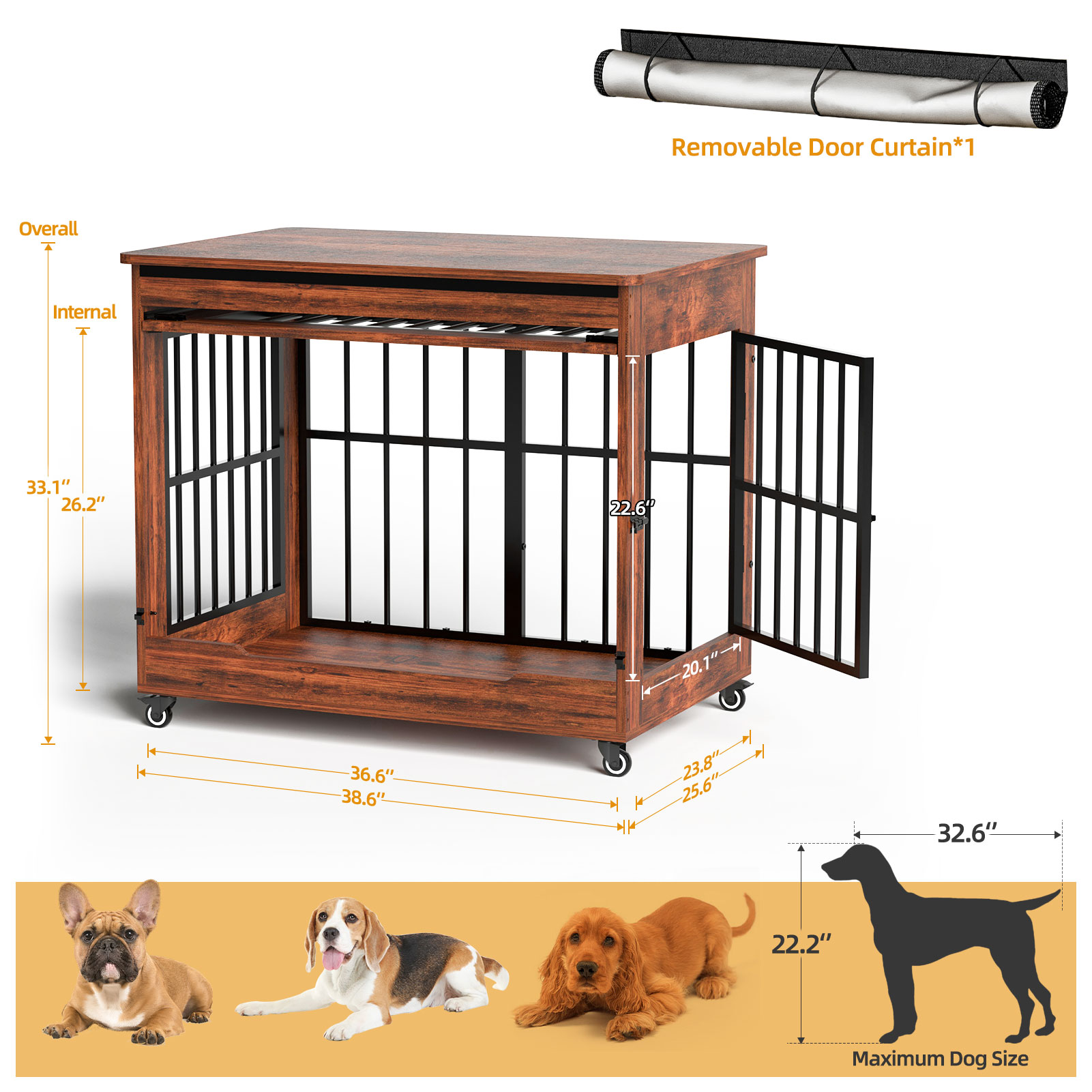 Dog Crate Furniture, Double Door Wooden Indoor Dog Kennel Furniture, Decorative Pet Cage End Table With Wheels For Large And Medium Breed Dogs, Size L, Greige — image 30