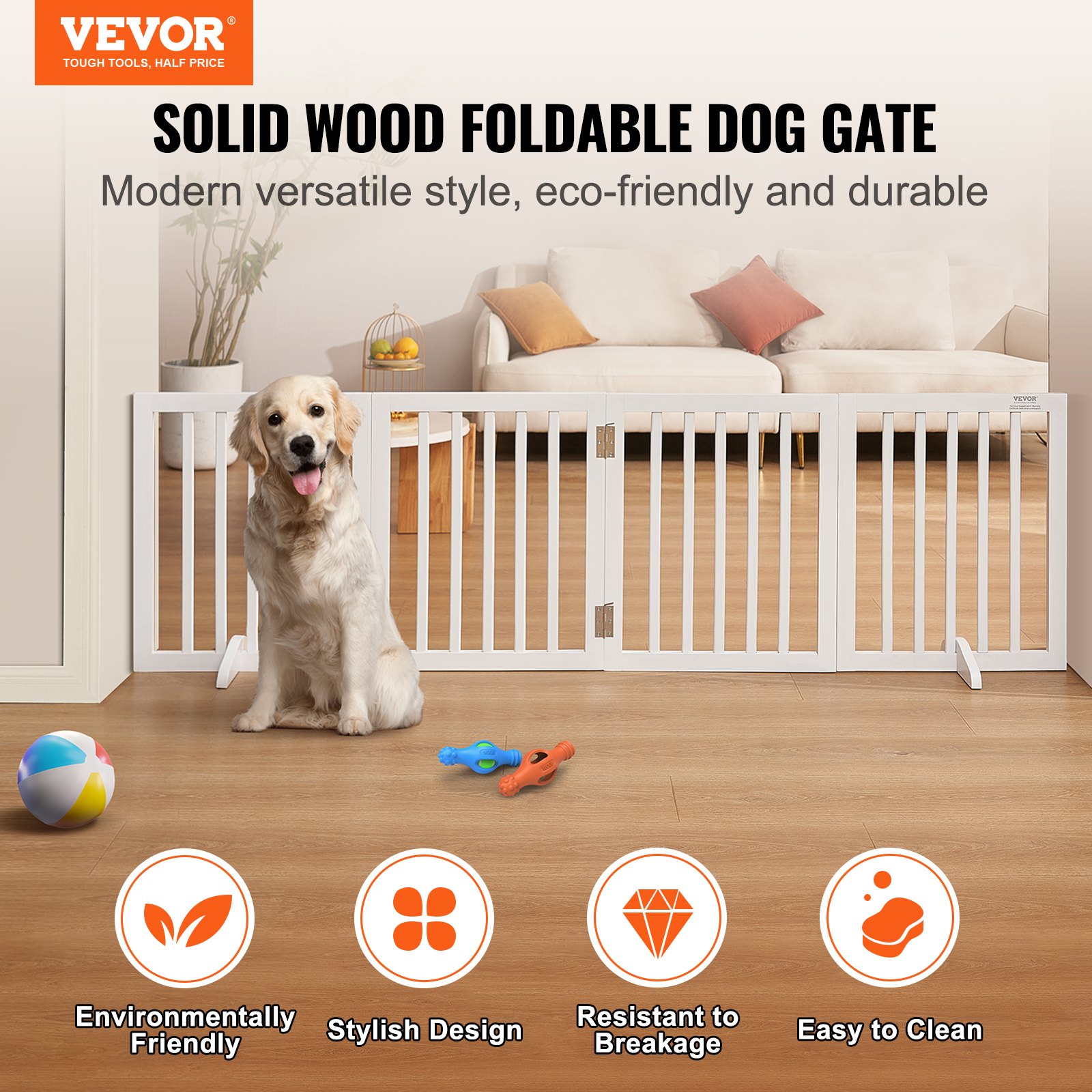 Puerta para Perros Libre de Pie, 24" H x 80.3" A, Barra de Mascotas Freestanding con 4 Paneles Reversible y Plegable para Pasillos Estrechos y Anchos, Barrera Expansiva para Mascotas con Soportes Silenciosos para Interior, Blanco — imagen 3