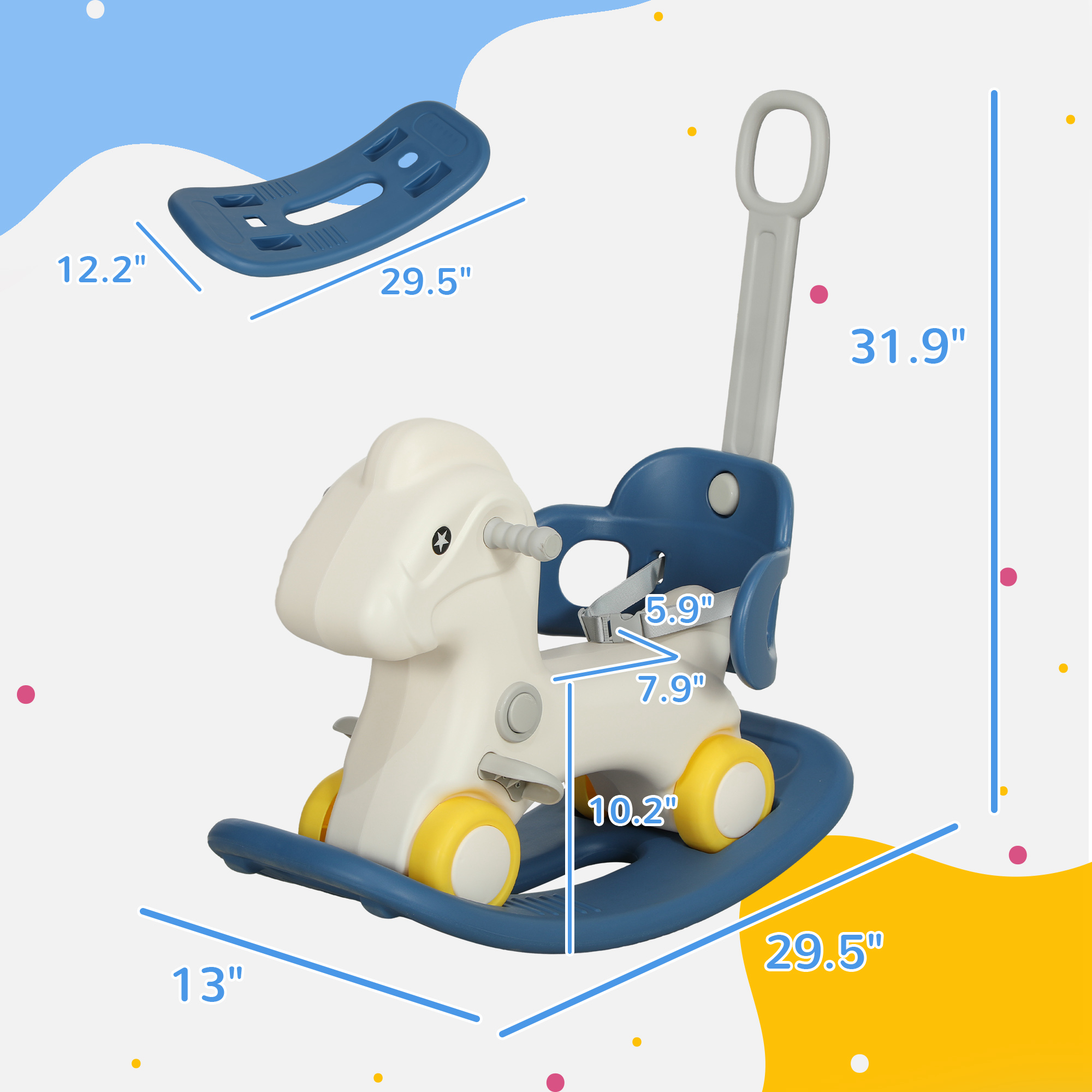 4 in 1 Rocking Horse for Toddles 1-3 Years with Detachable Push Handle & Balance Board, Blue — image 7