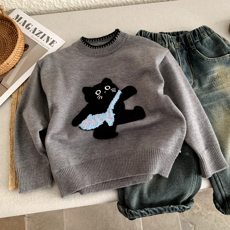 Boys' thick children's cartoon mischievous cat round neck knitted sweater — image 7