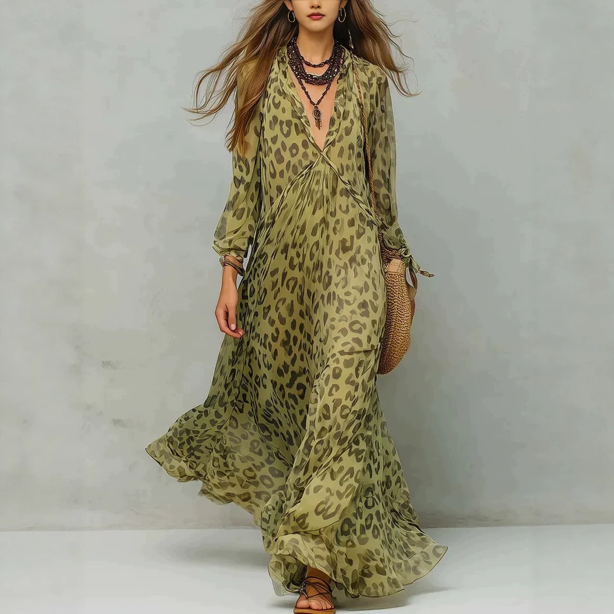 Dress de Verano con Estampado de Leopardo, Vuelo Profundo y Manga Larga — imagen 3