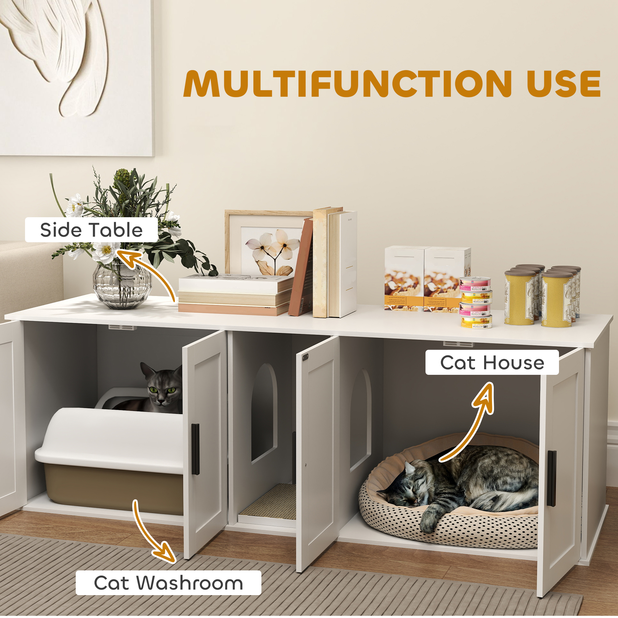 Caja de Arena para Gatos con Encierro Doble, Manta de Rastrillado para 2 Gatos, 57" x 19" x 20", Blanco — imagen 6