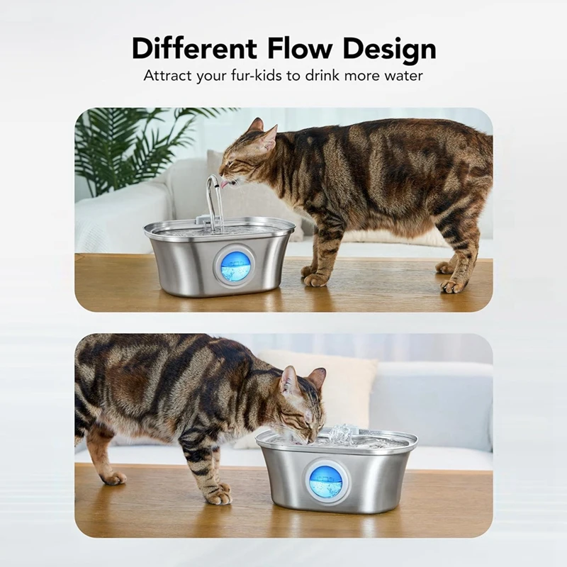Cat Water Fountain With Water Level Window, Stainless Steel Automatic Pet Water Fountain, Dog Water Dispenser Durable USB — image 2