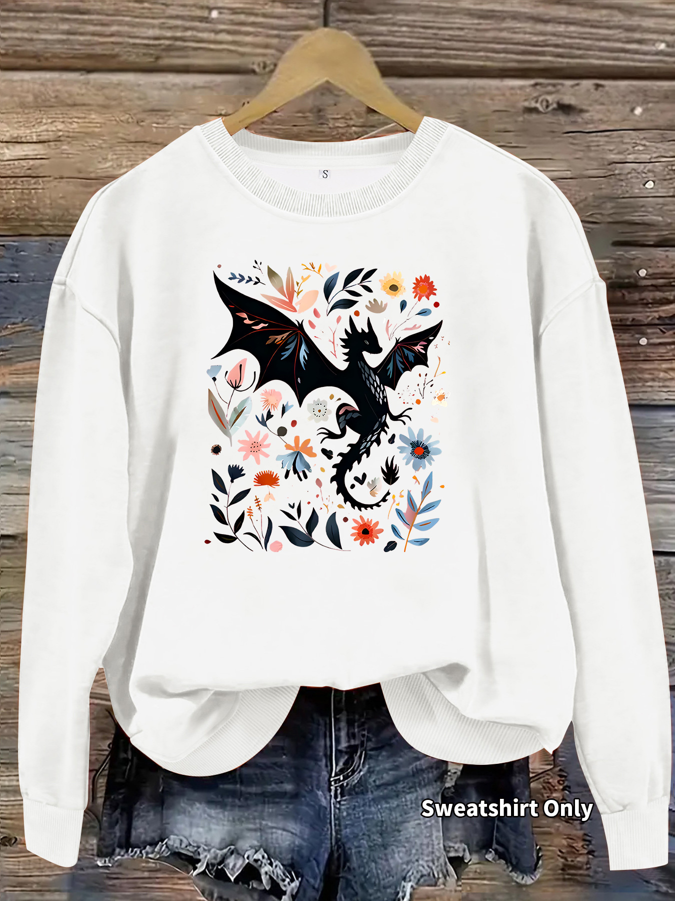 Dragon pattern and floral print round neck fleece hoodie — image 7