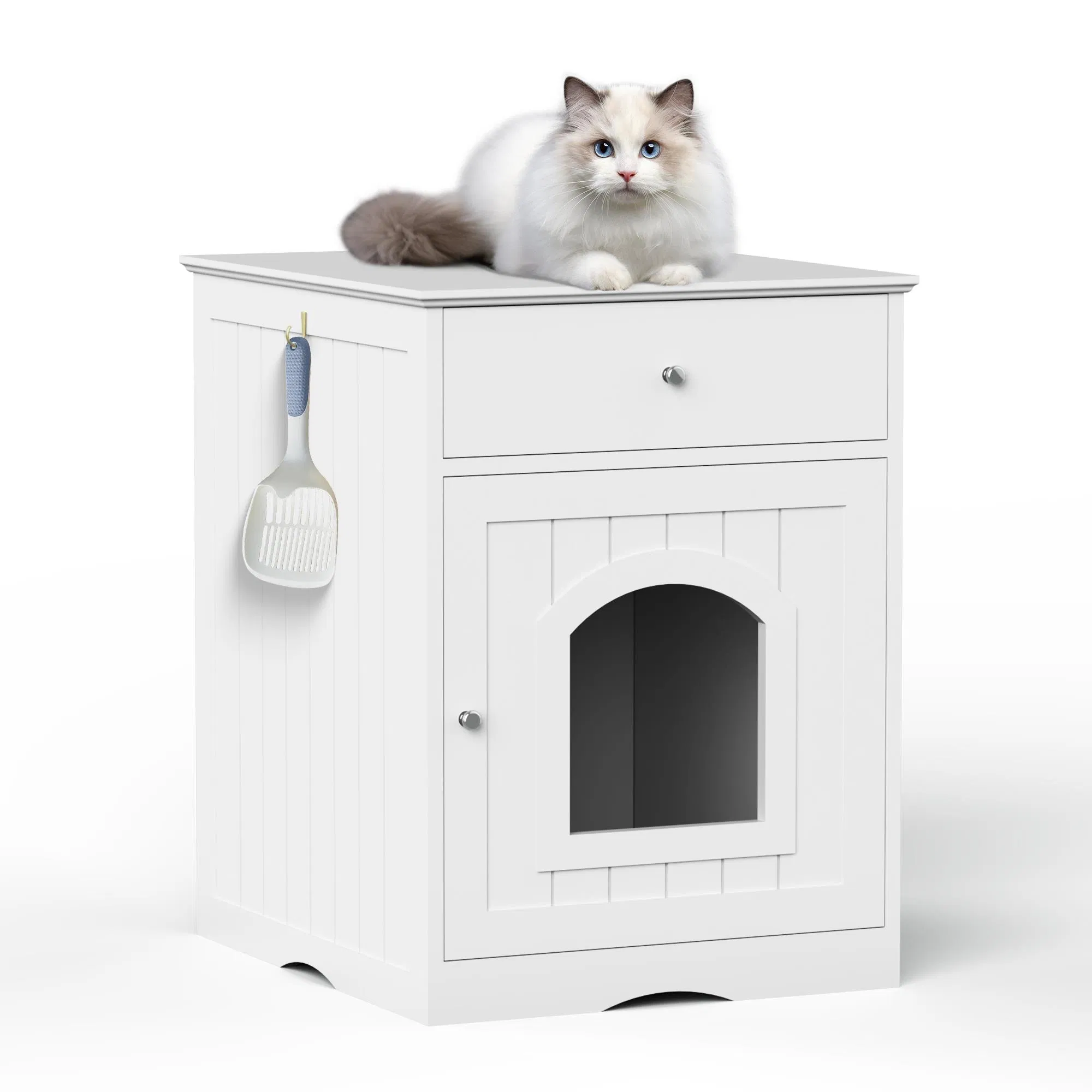 Wooden Pet House Cat Litter Box Enclosure with Drawer, Side Table, Indoor Pet Crate, Cat Home Nightstand (White) — image 10