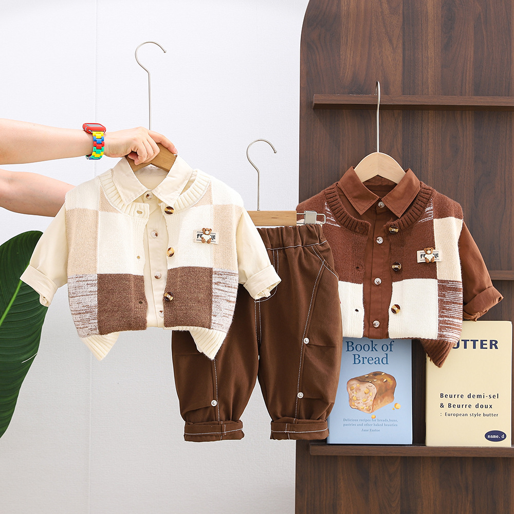 Baby Boys Clothes Set 0-4 Years Spring Autumn Square Bear Print Sweater Vest Shirt Pants Outfit — image 3