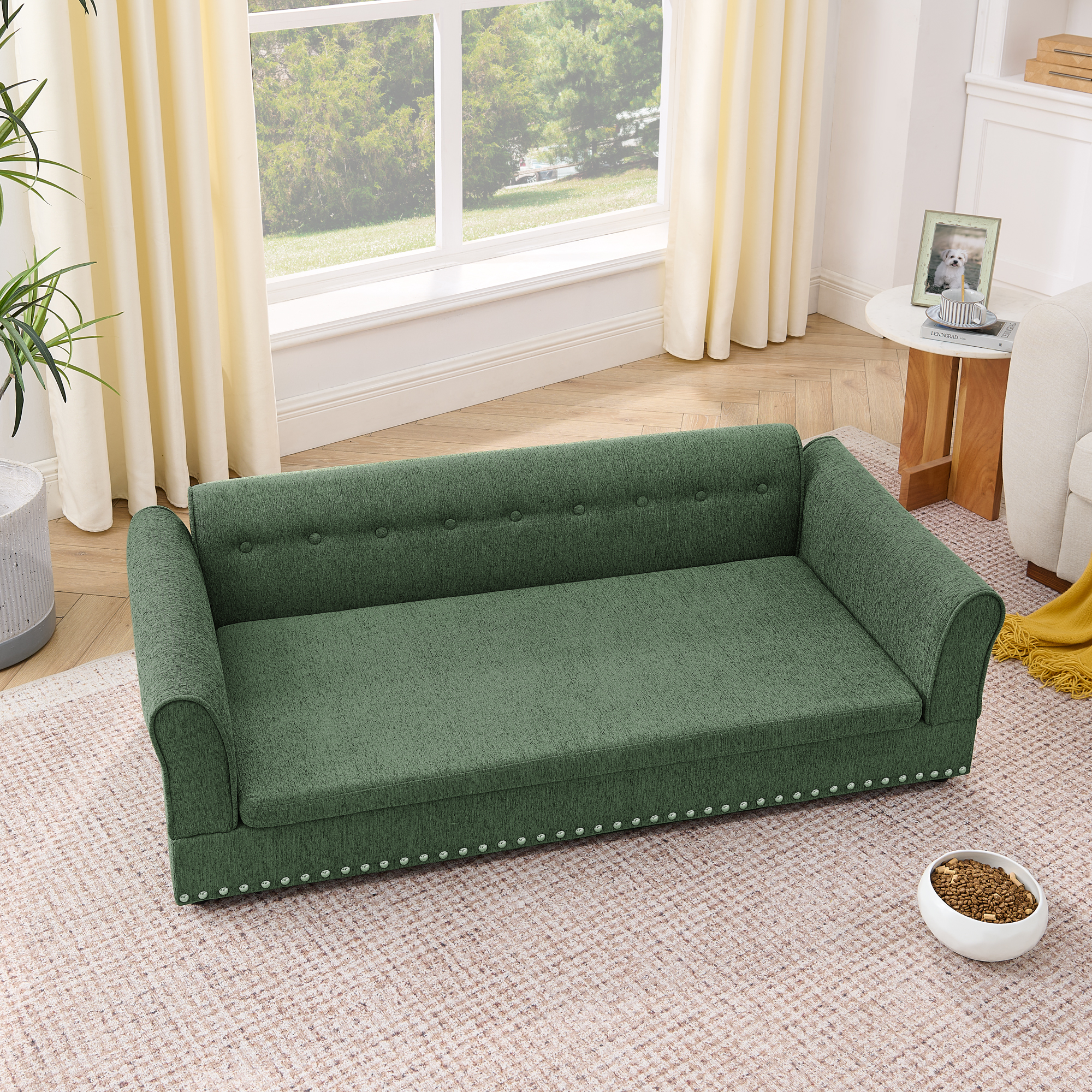 Silla de Comodidad para Mascotas Grande, Sofá Moderno en Tela de Lino con Espalda y Manijas para Perros Grandes - Verde Oliva — imagen 5
