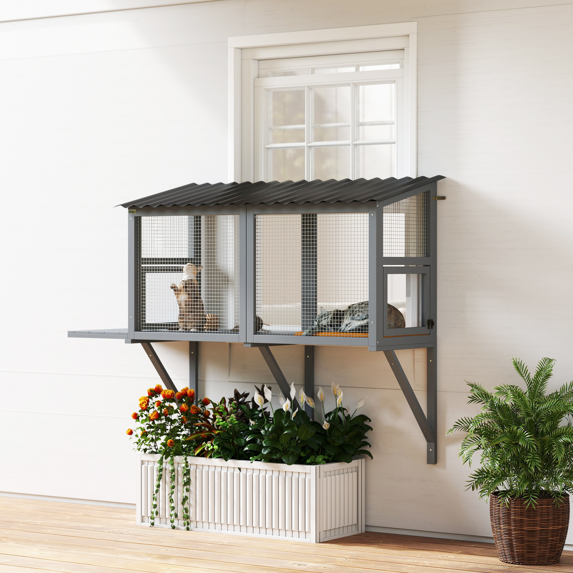 Wooden Cat Catio, Outdoor Cat Enclosure Window Perch With Jumping Platform, For Safely Enjoying Outdoor Sights, Gray — image 3