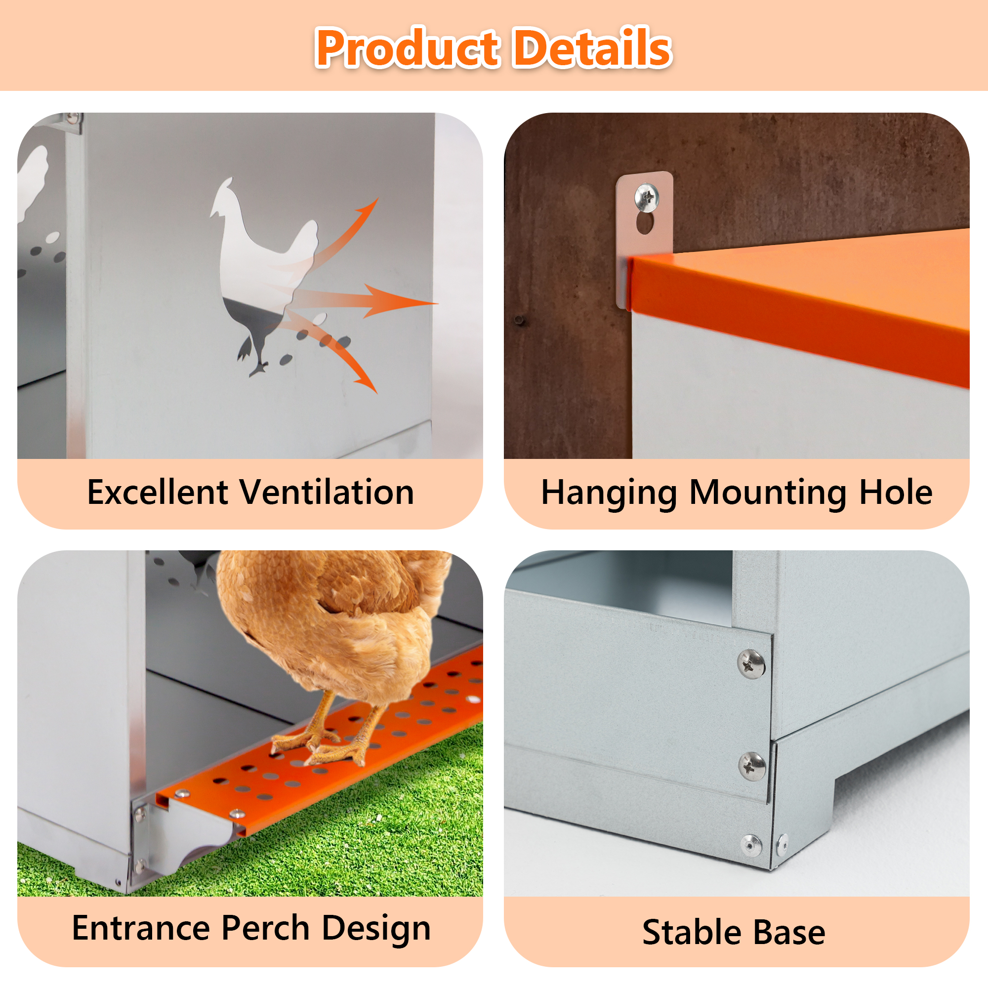 8-Bay Metal Nest Box-Wall Mount For Hens Ducks, Easy Egg Assembly, Vented Galvanized Steel Coop Equipment Orange — imagen 2