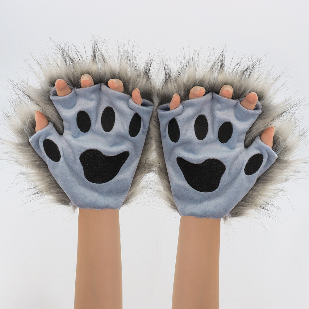 Fuzzy Cat Paw Gloves Halloween Costume Prop Cosplay Wearable Half-Finger Animal Paws Winter Warmth — image 7