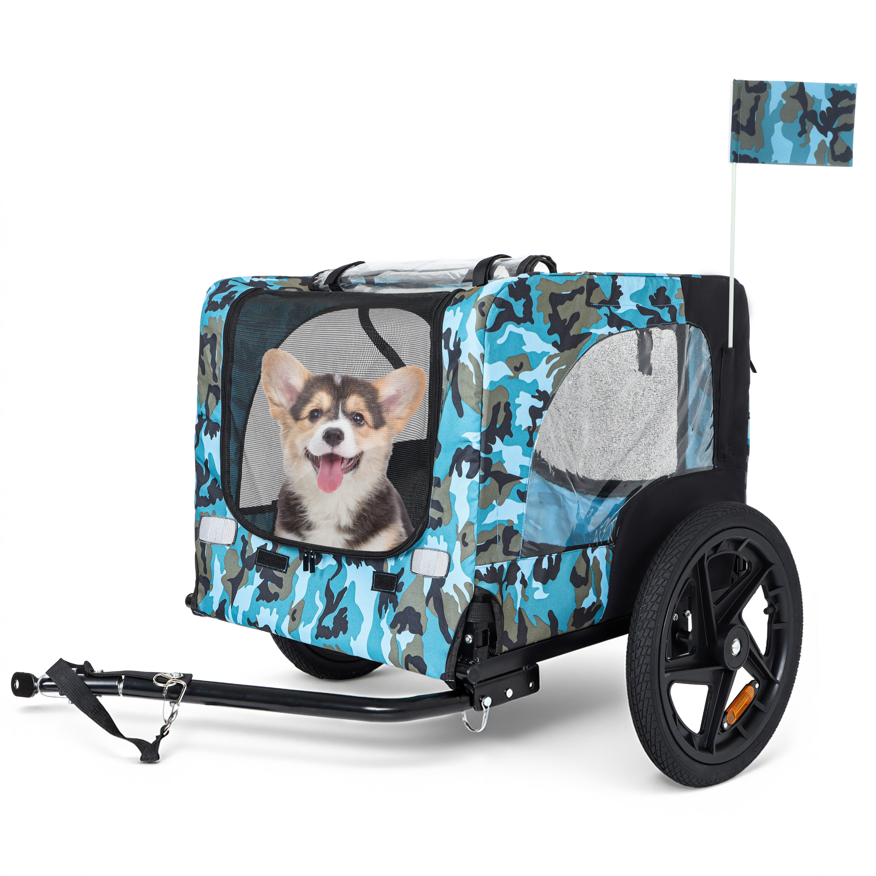 Outdoor Heavy Duty Collapsible Pet Bike Trailer With 16-Inch All-Terrain Wheels & Universal Hitch - Foldable Dog Cargo Carrier Cart For Bicycles, Blue Black — image 1