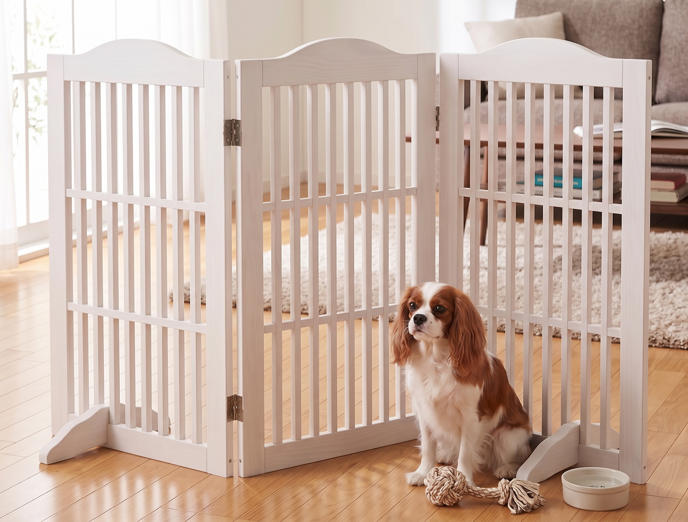 Puerta de Perro Freestanding Hidráulica de Madera para Canes, 3 Paneles, 30 pulgadas, Barra de Acceso para Mascotas en Casa — imagen 7
