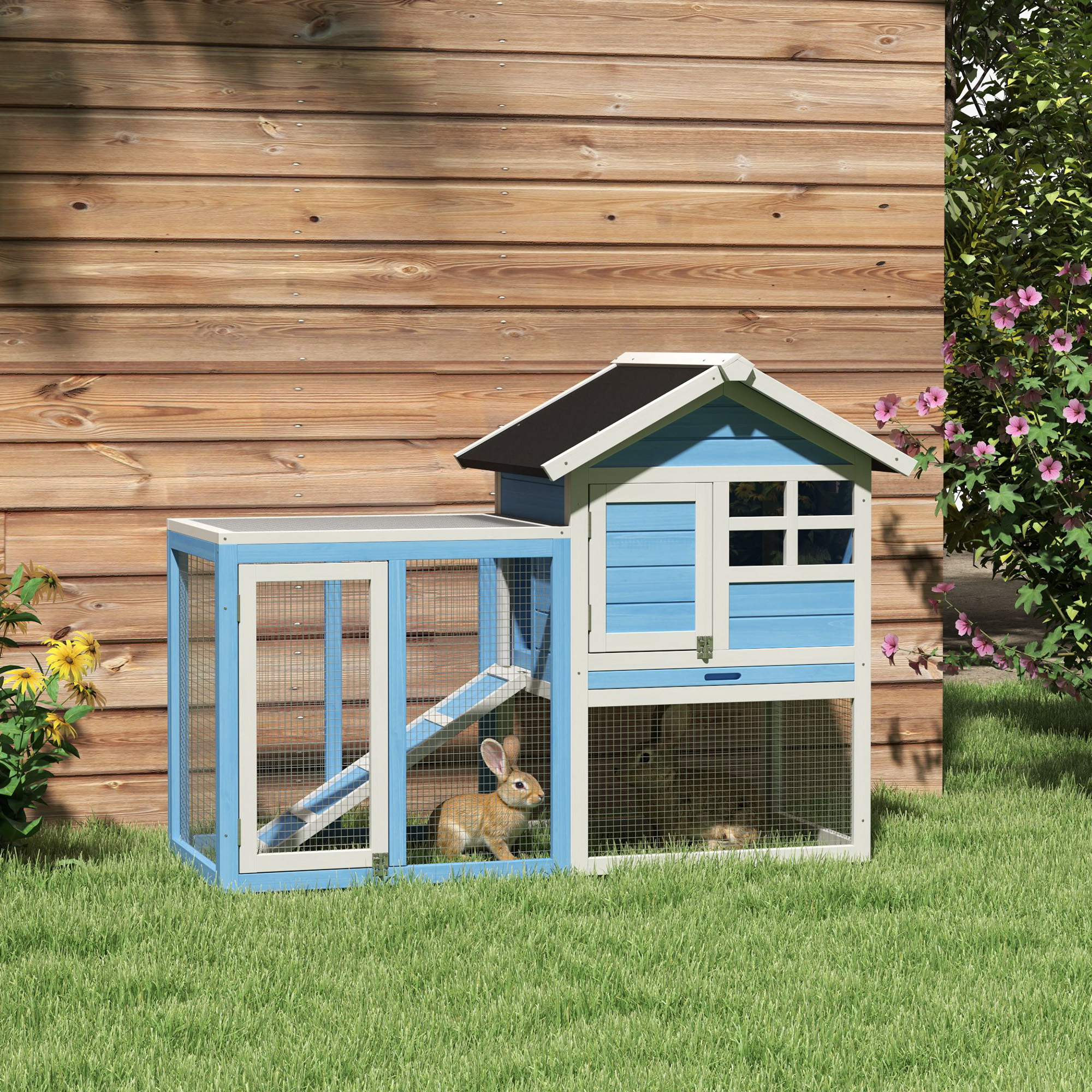 Conejera de Madera de 48" con Techo de Asfalto Impermeable, Corral Exterior Divertido, Bandeja Removible y Rampa, para Conejos, Gallinas y Patos, Azul Claro — imagen 6