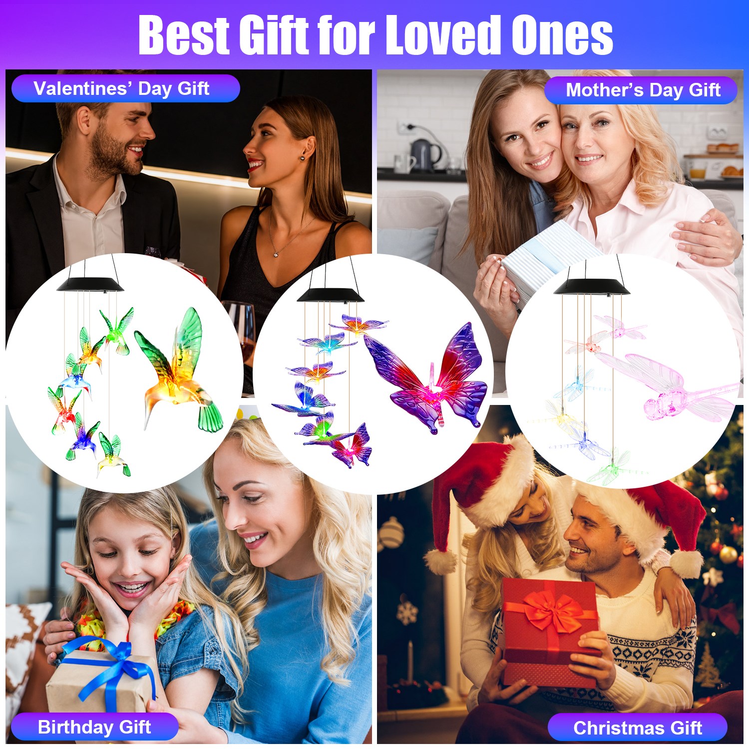 3Pack Solar Hummingbird Butterfly Dragonfly Wind Chimes 7 Color Changing Wind Chime For Outside IPX4 Waterproof Outdoor Garden Yard Decor — image 12