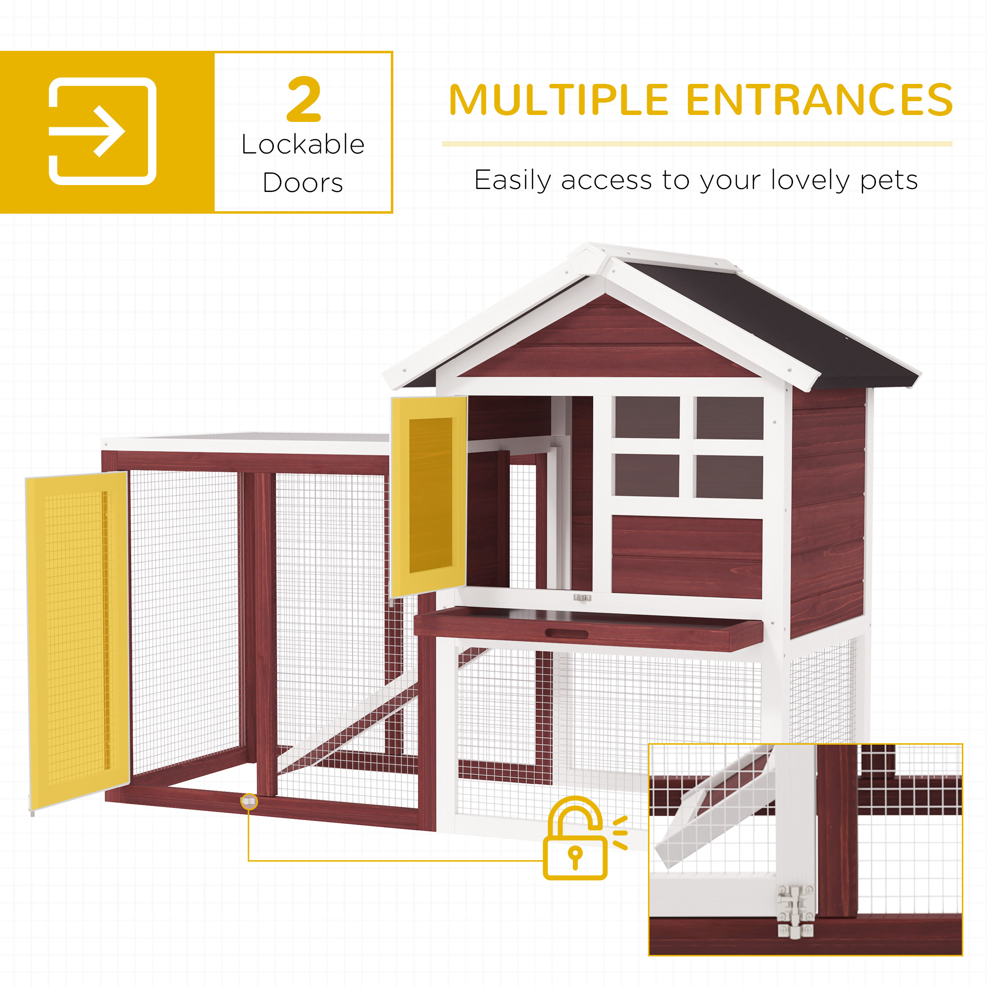 49" Wooden Rabbit Hutch Bunny Cage with Waterproof Asphalt Roof, Fun Outdoor Run, Removable Tray and Ramp, for Rabbits, Chickens, Ducks, Brown — imagen 8