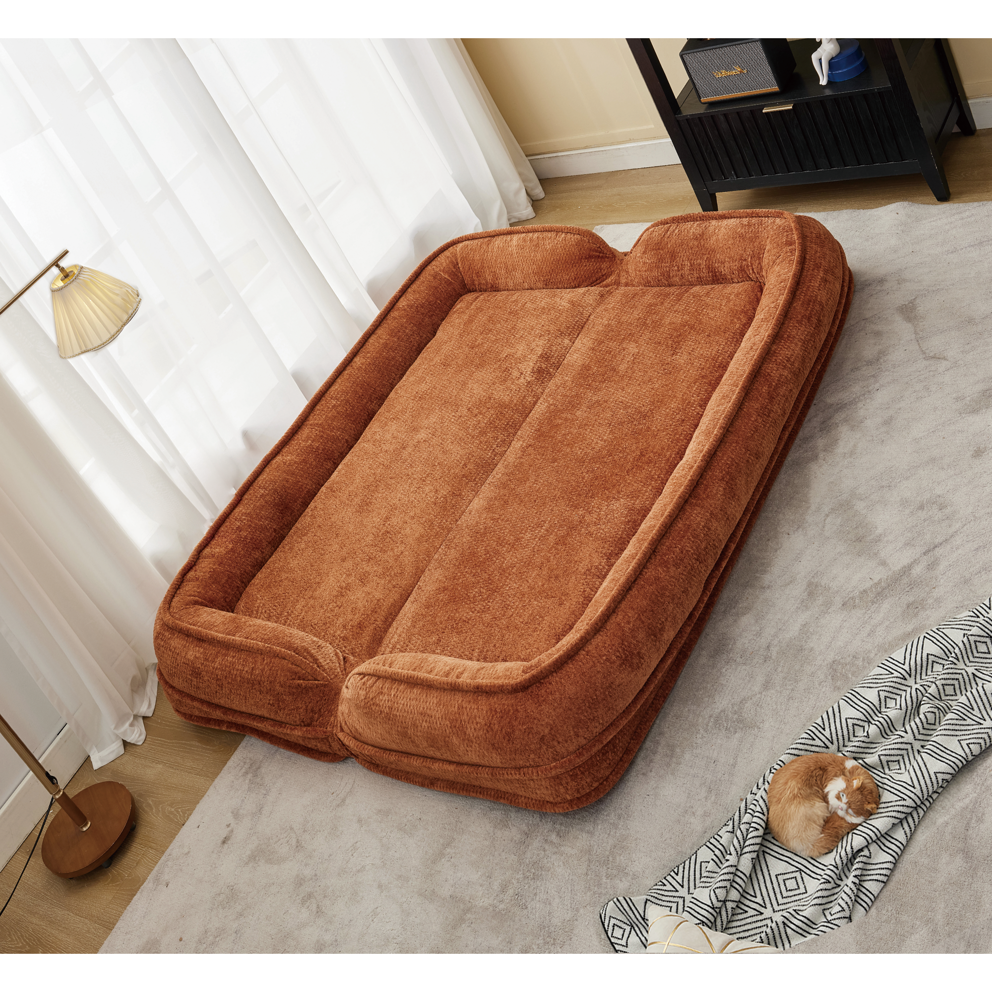 Silla de descanso doble para perros, Sofá relajante, Silla de amor, Adecuada para ti y tus mascotas, Couch de piso extra grande, Puedes sentarte o acostarte, 2 en 1, 5 posiciones ajustables, Almohada rellena, 2 asientos, Chenille naranja — imagen 3