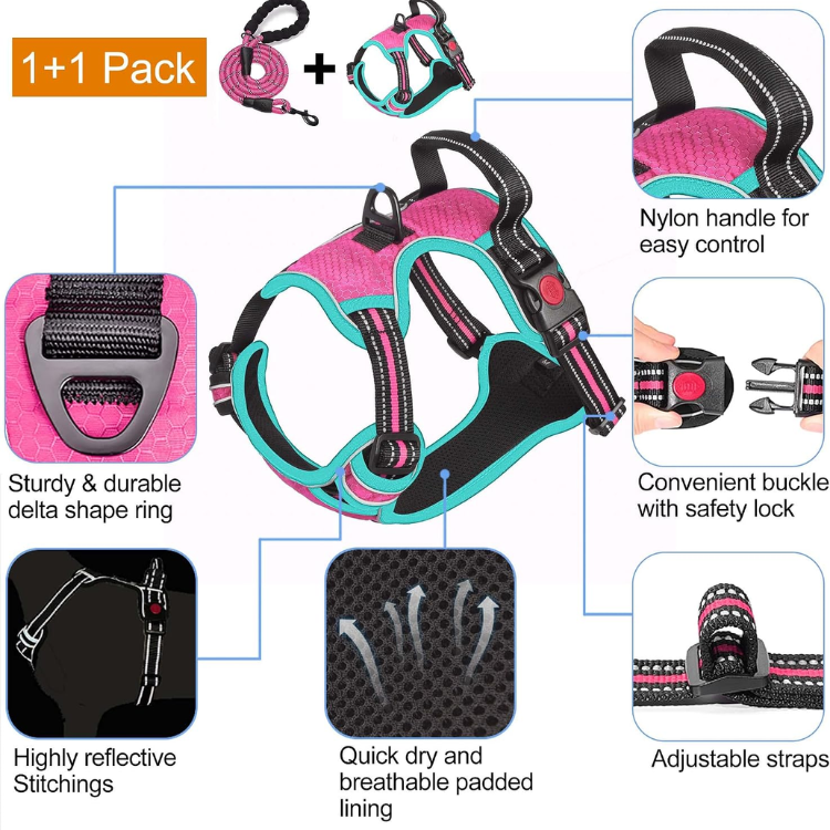 No Pull Dog Harness Adjustable Reflective Oxford Easy Control Medium Large Dog Harness With A Free Heavy Duty 5ft Dog Leash, Blue, M — image 5