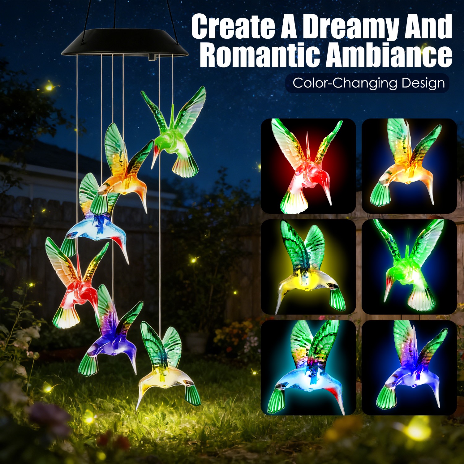 2 Piezas de Carrillón de Viento Solar de Colibrí, Cambia de Color en 7 Tonos, para Exteriores, Resistente al Agua IPX4, Decoración de Jardín y Patio — imagen 4