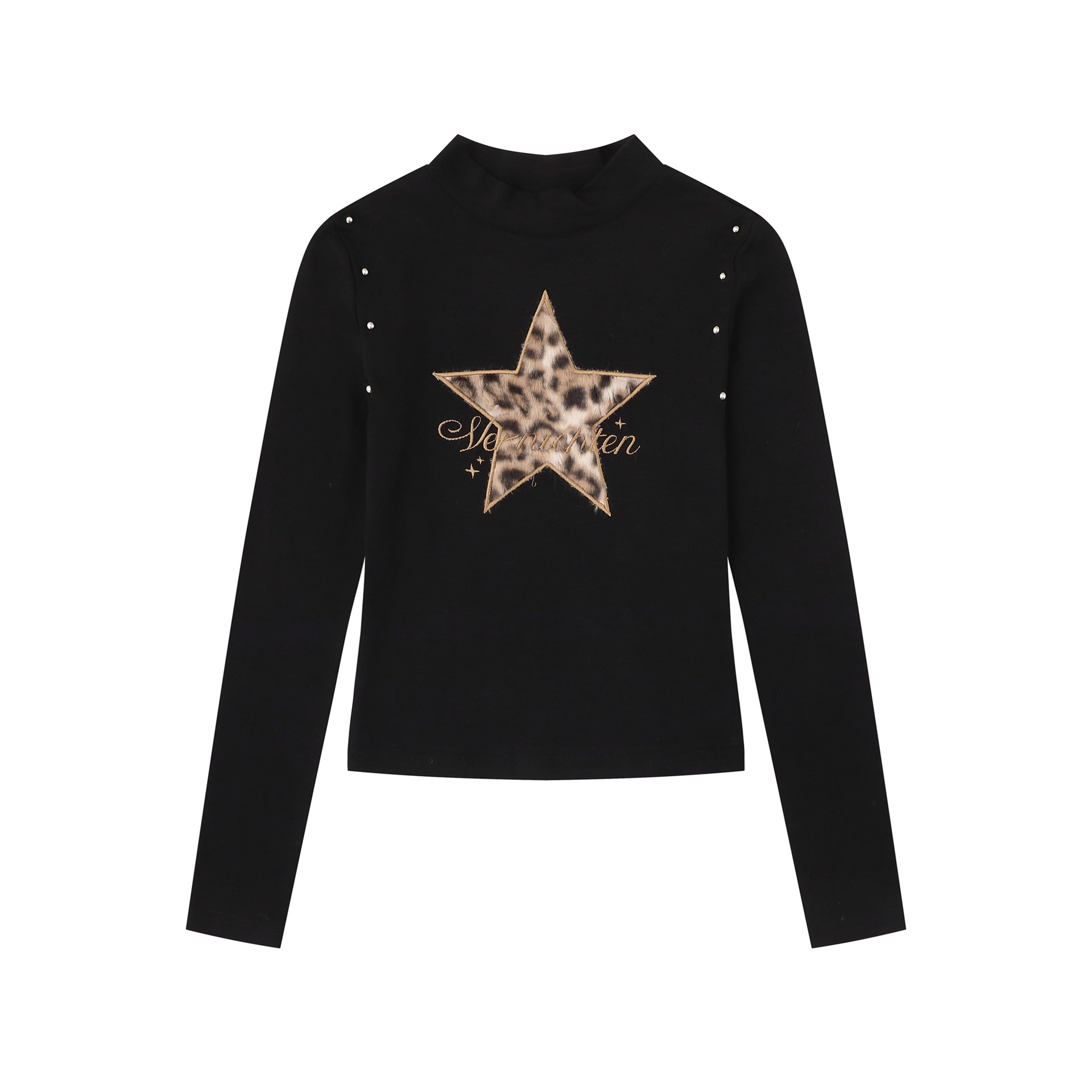 Heavywork Leopard Star Applique T-Shirt High Neck Stud Sweet Spicy Style Versatile Long Sleeve — image 3