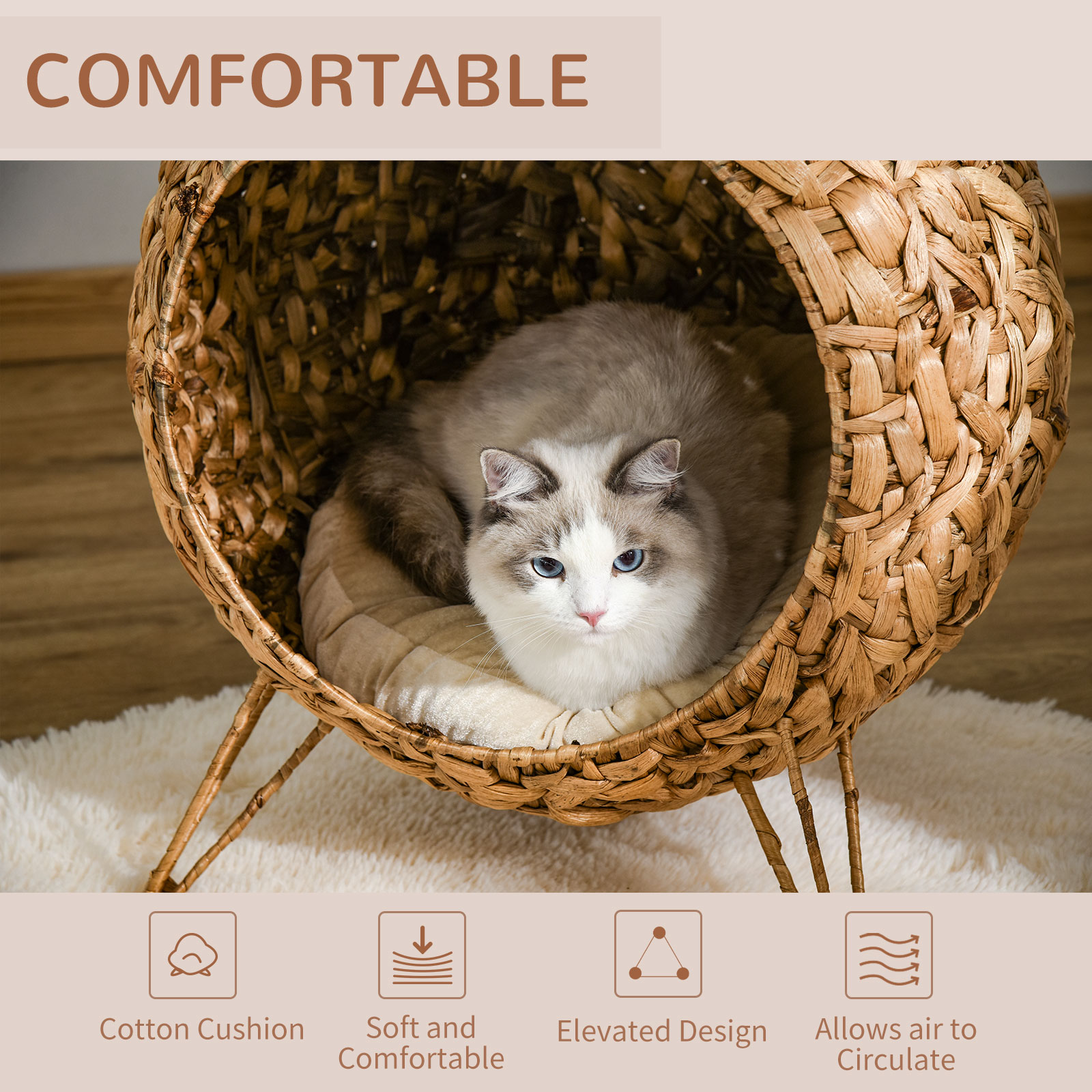 Cama para Gatos Tejida de 20.5", Casa Elevada para Gatitos Tejida a Mano con Hoja de Banano Trenzada, con Cojín, Natural — imagen 7