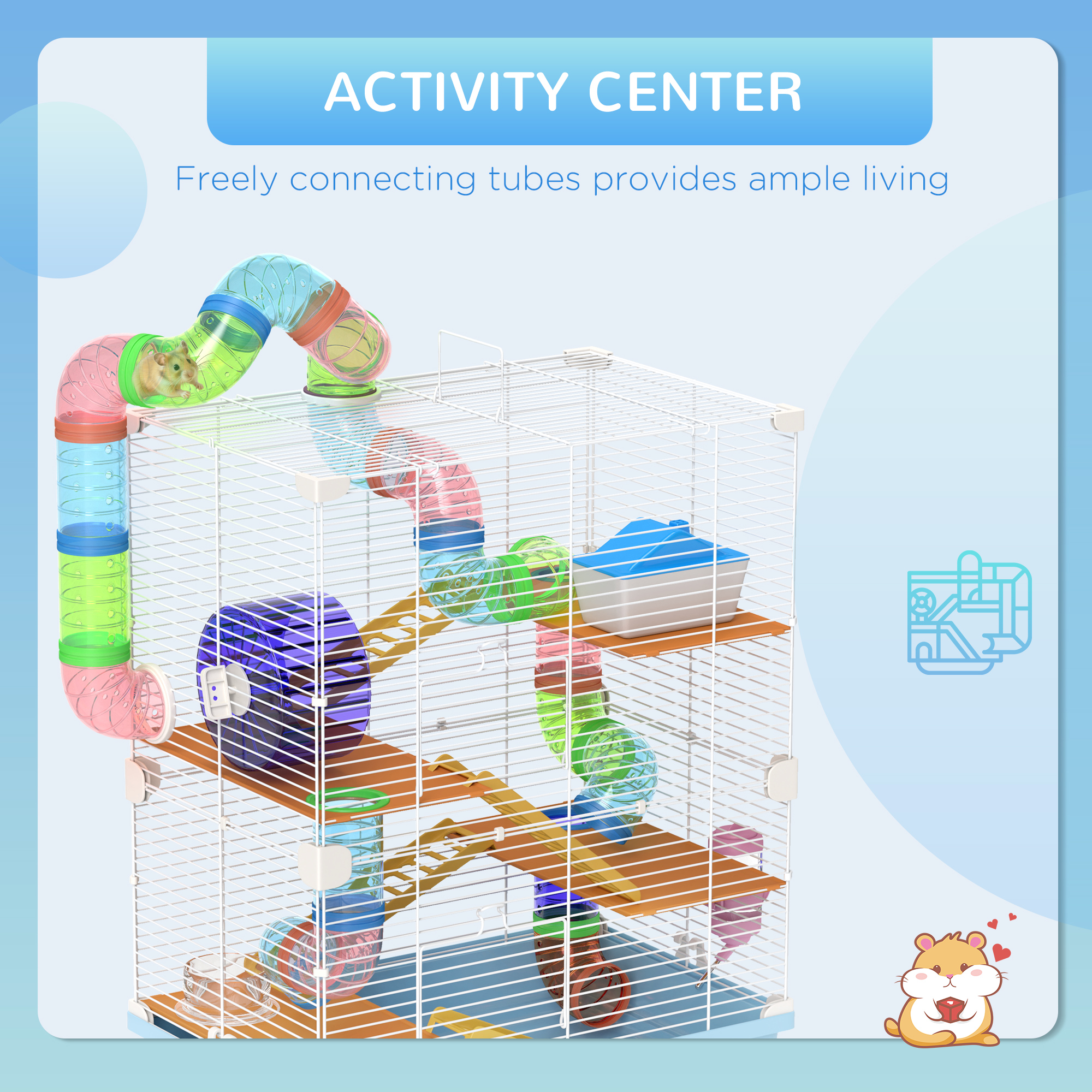 5 Tiers Hamster Cage Portable Animal Travel Carrier w/ Exercise Wheels Tube, Light Blue — imagen 8