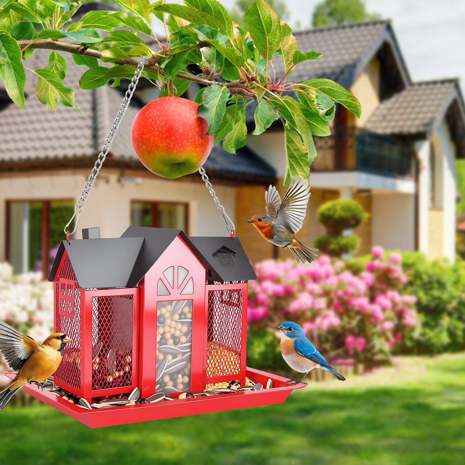 Casa de Comida para Pájaros Colgante Clásico Estilo Granja con Ventana Visible y Tapete Superior de 15,75 Pulgadas — imagen 1