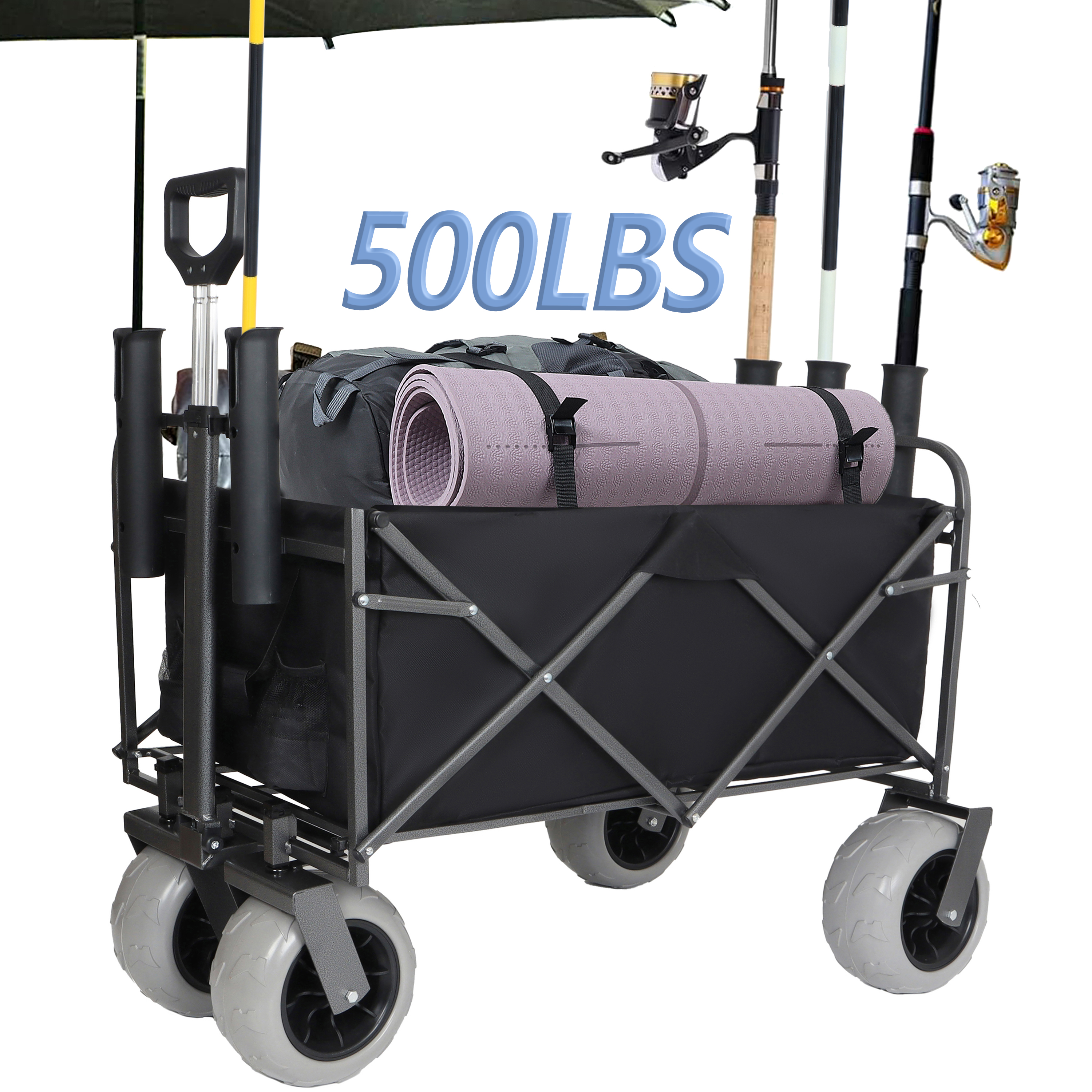 Fishing Cart With Rod Holders Beach Wagon With Big Wheels For Sand 500lbs Capacity - All Terrain Steel Frame Utility Cart With 9 Pneumatic Tires Strap With Multiuse Bag Black — imagen 4