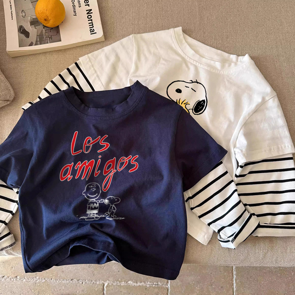Long Sleeve Striped Faux Two-Piece Cartoon Dog Casual Cotton T-Shirt — image 6
