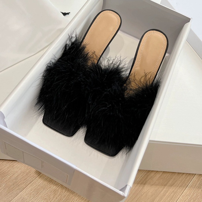 Zapatillas de media punta con pelo de camello y tacón grueso — imagen 6
