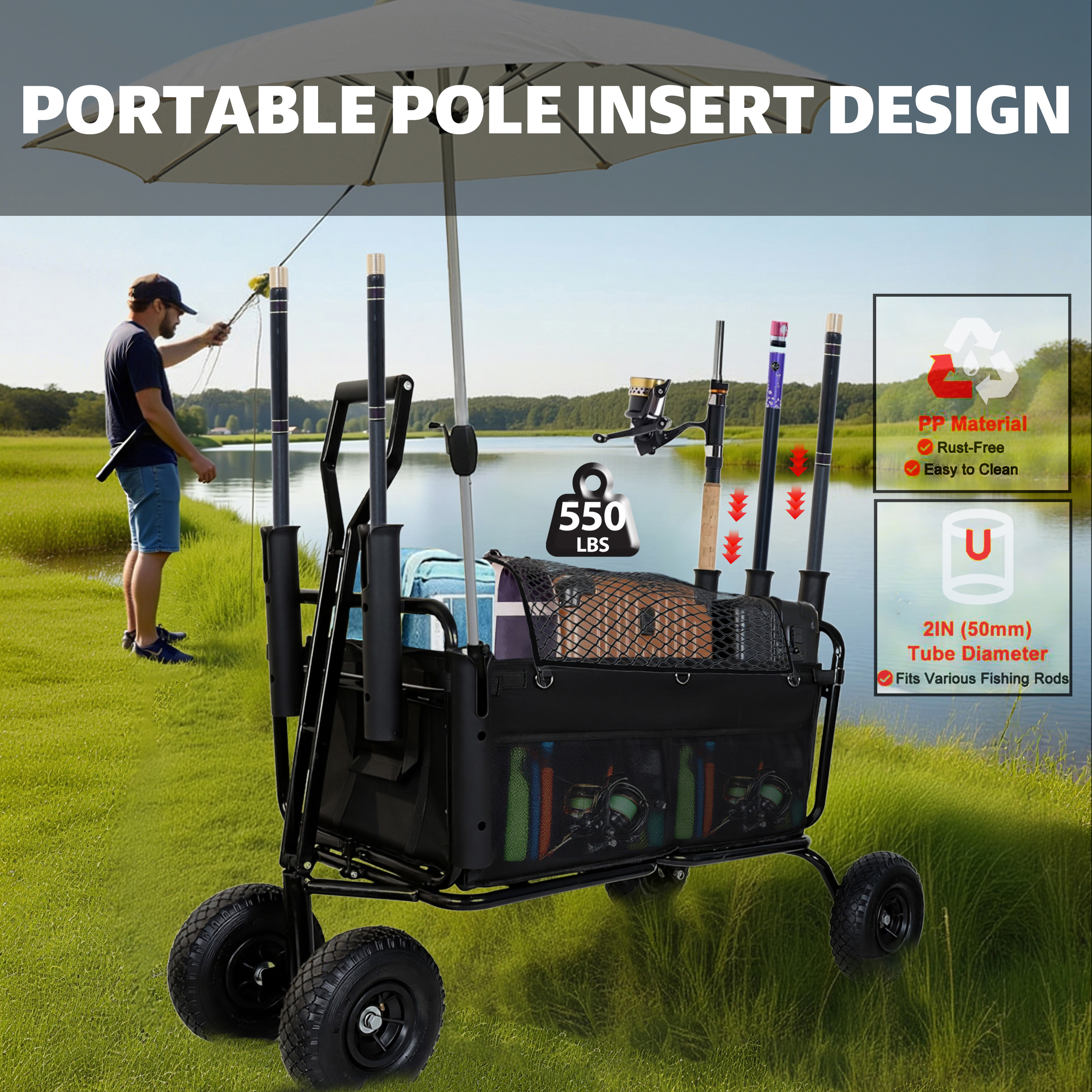 Carro de Pesca Carrito de Playa Carretón Colapsable 9,85'' Ruedas Todo Terreno para Arena Resistente al Uso Intenso con Soportes para Cañas Soporte para Sombrilla y Bolsillos de Almacenamiento 550lb Capacidad Grande Negro — imagen 5